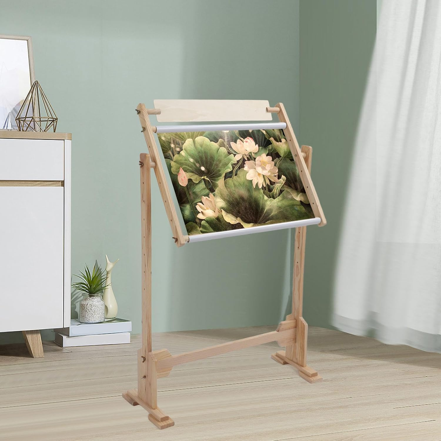 Adjustable Cross Stitch Frame, Wooden Cross Stitch Embroidery Stand with Scroll Frame, 360 Degrees Rotation DIY Floor Stand for Embroidery Quilting Tapestry Needlecrafts image number 5