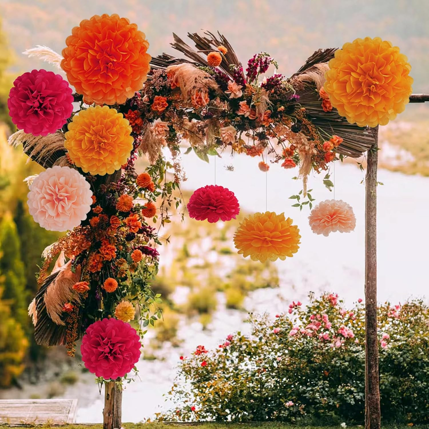 Envibe Orange Party Decorations - Tissue Paper Pom Poms for Bridal, Baby, Wedding Showers & Birthday Parties - 34 Pcs Fall Wedding Decor