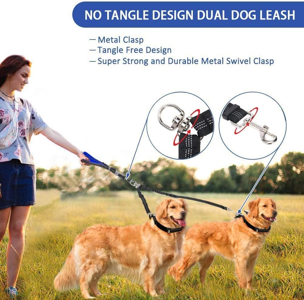 Double Dog Lead Coupler, No Tangle 360&deg;Swivel Rotation Two 2 Dog Lead Splitter, Heavy Duty Adjustable Bungee Reflective Dual Dog Leash for Walking Medium Large Dog (Black-Small) - Black image number 4