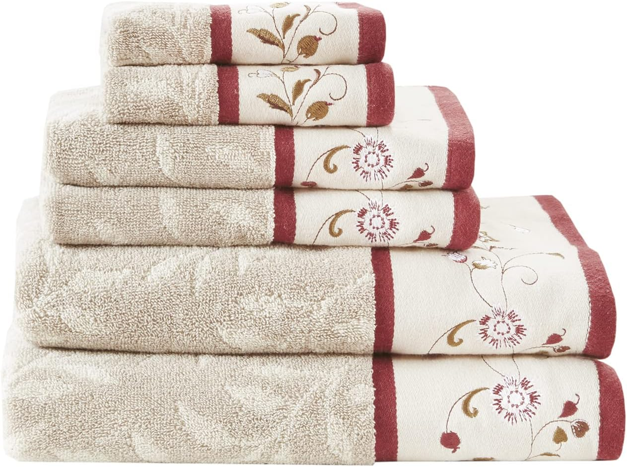Madison Park Serene 100% Cotton Bath Towel Set Luxurious Floral Decorative Towels for Bathroom Embroidered Cotton Jacquard Design Soft Highly Absorbent for Shower 600 GSM, Multi-Sizes, Red 6 Piece image number 3