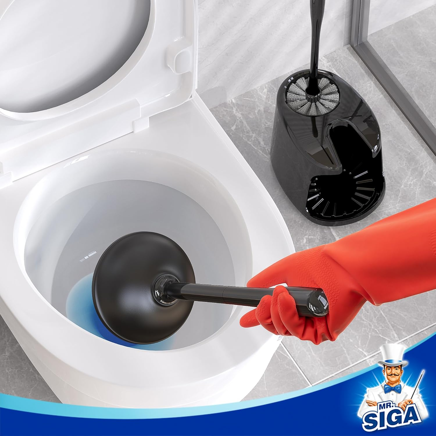 MR.SIGA Toilet Plunger and Bowl Brush with Holder, Heavy Duty Toilet Brush and Plunger Set for Bathroom Cleaning, Black, 1 Set image number 1