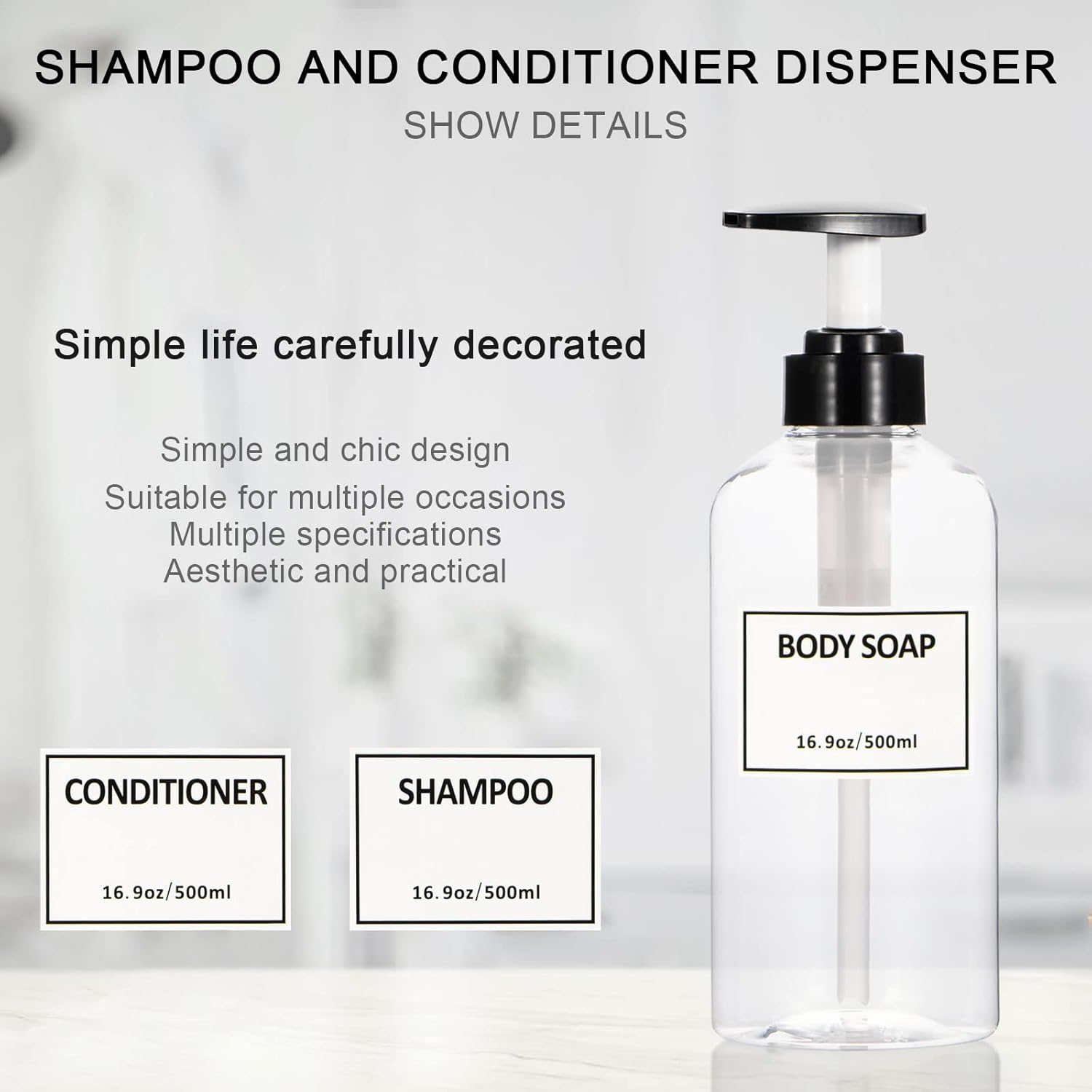 Yeeco Shampoo Pump Bottle, Clear Shampoo Bottles Dispenser with Waterproof Labels 16.9Oz/500Ml 3 Pack Refillable for Shampoo and Conditioner，Bathroom, Kitchen, Hotel