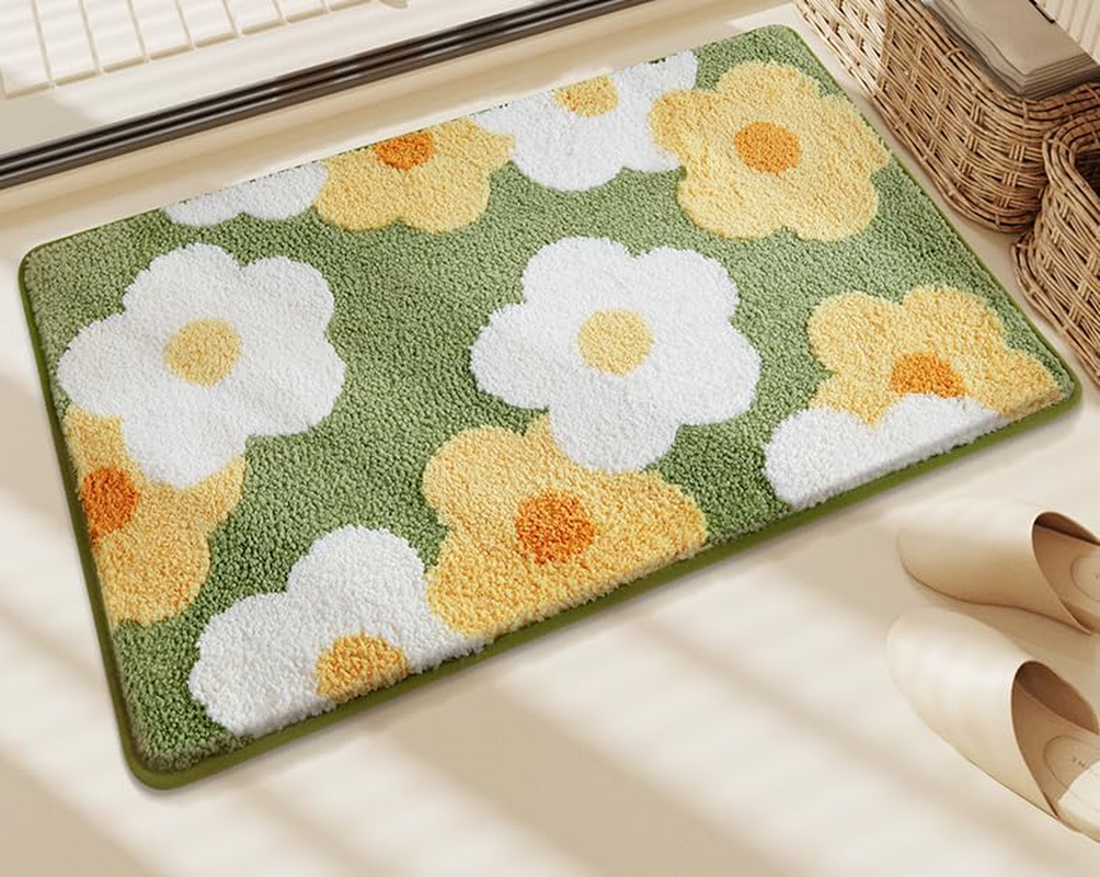 Green Floral Bath Mat ，Microfiber Moss Bathroom Rug15.7''W X 23.6''L ，Non Slip Washable, Modern ，Shaggy Bathroom Shower Floor Mat Absorbent，Ultra - Soft 3D Microfiber Mat image number 2