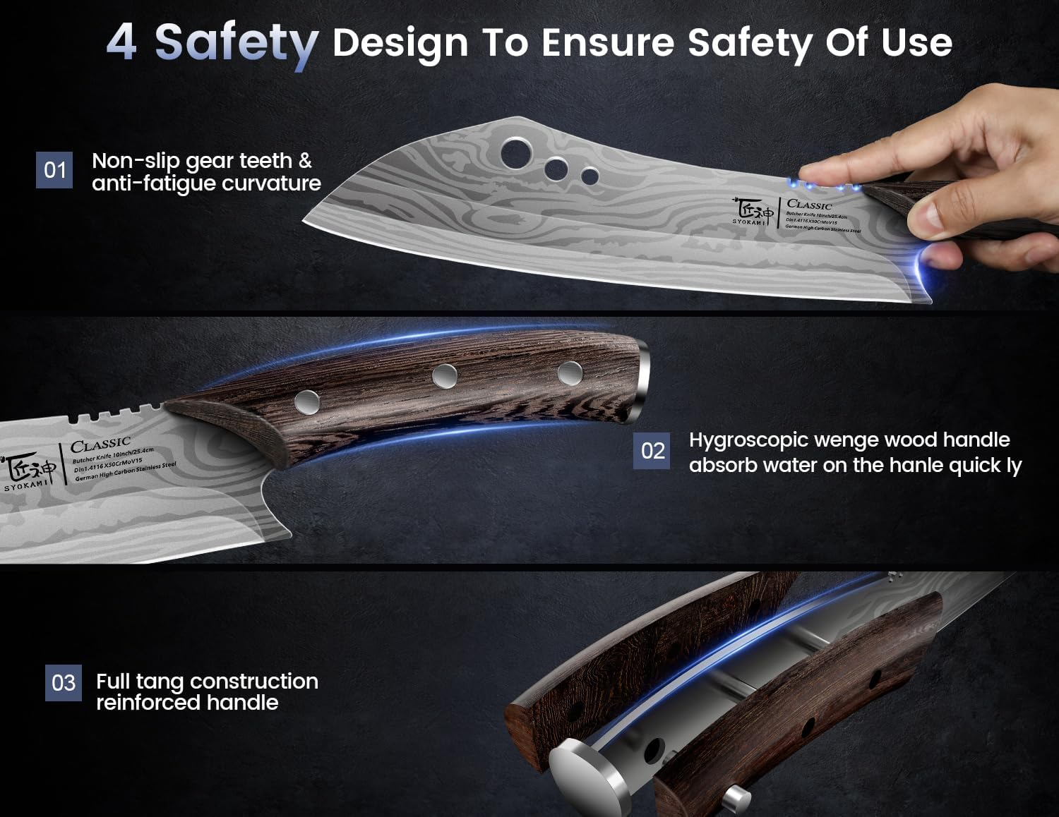 Butcher Knife, 10 Inch Meat Cleaver Chef Knife with Herb Stripper, Japanese Style High Carbon Steel Kitchen Knife for Chopping & Slicing, Damascus Pattern Full Tang Wood Handle Ideal for Gift image number 2