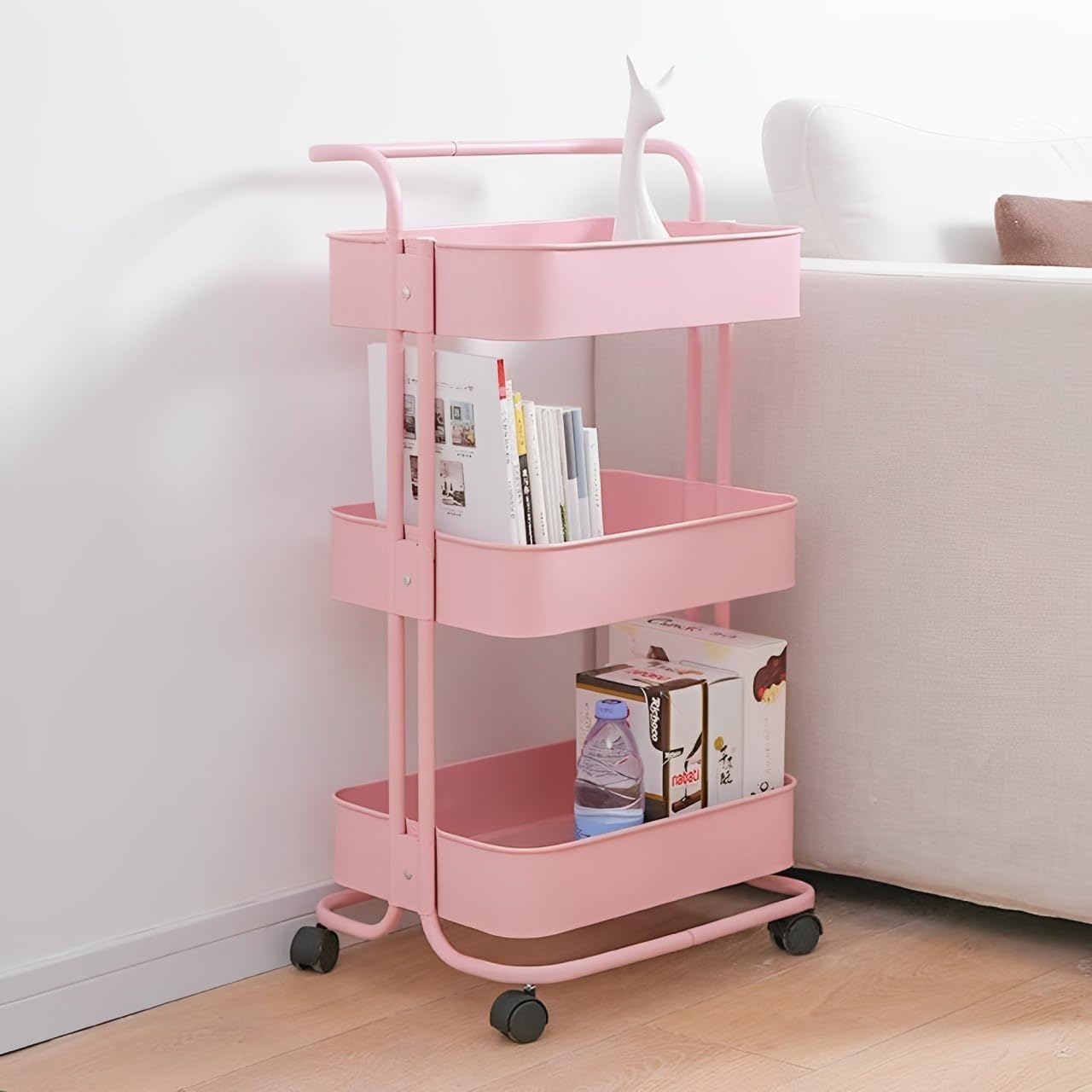 3 Tier Rolling Cart, Mobile Utility Cart with Handle, Multifunctional Organizer Storage Trolley, Storage Shelves for Office, Kitchen, Craft Room (Pink) image number 5