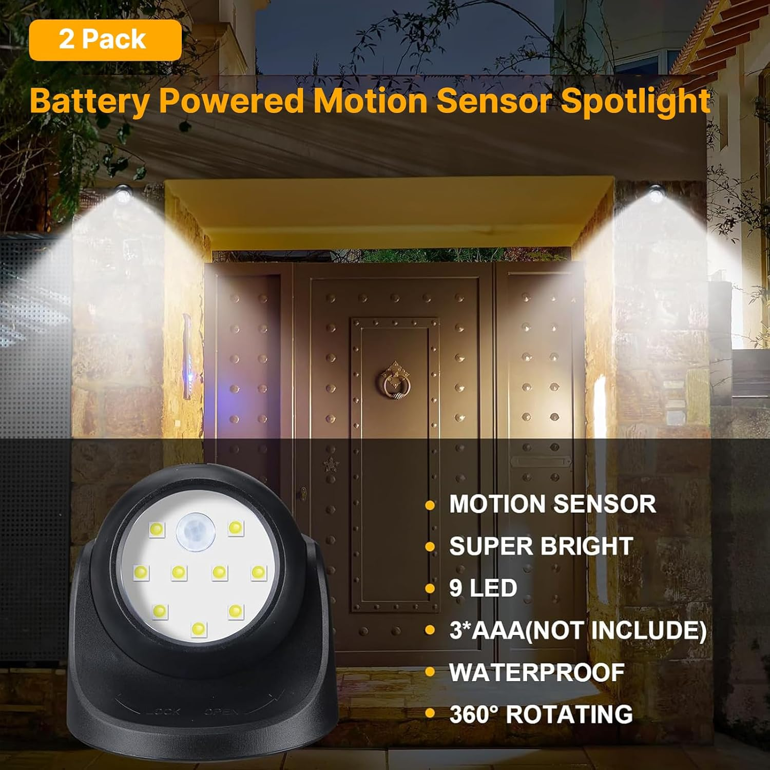Rhoyee Operated Motion Sensor Lights Outdoor, 2 Pack Wireless LED Security Spotlight, 100 Lumens, IP44 Waterproof, 360&deg; Adjustable, Auto On/Off Wall Lights for Porch, Garage, Stairs, Hallway