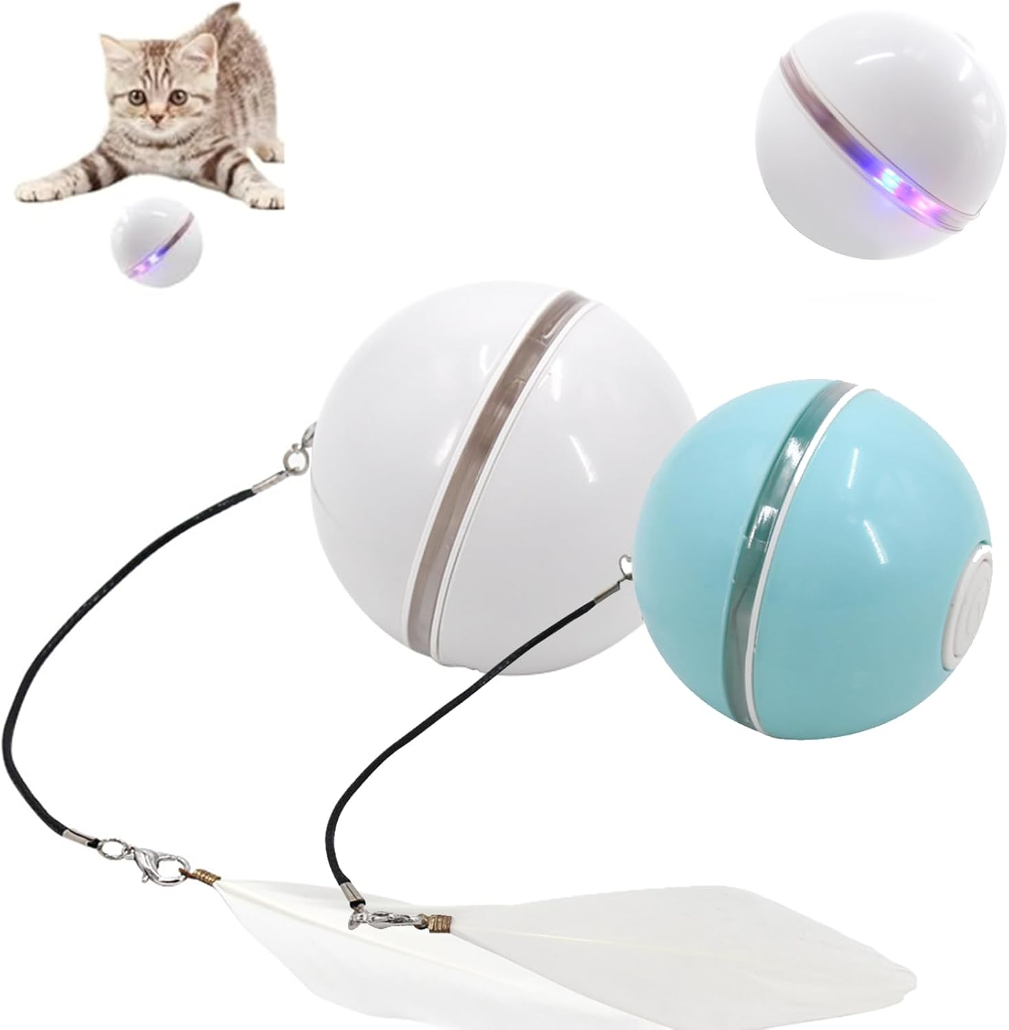 Automatic LED Intelligent Cat Ball, Automatic Rolling Ball with Feather and Lights, Rechargeable Cat Toy with Smart Sleep Mode, Smart Cat Hunting Toy, USB Charging Moving Cat Ball (White)