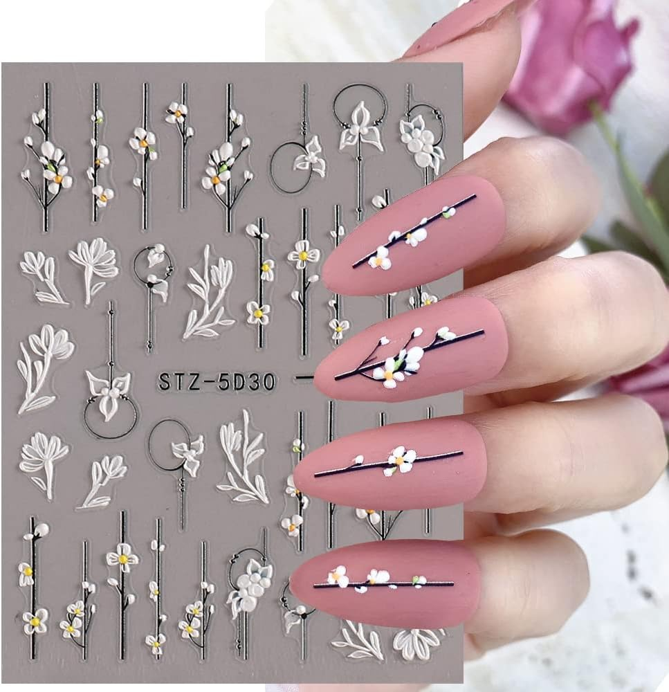 Nail Stickers, Self-Adhesive, 6 Sheets, 5D Nail Stickers, 5D Flowers Nail Art Stickers, White Nail Design for DIY Nail Decoration