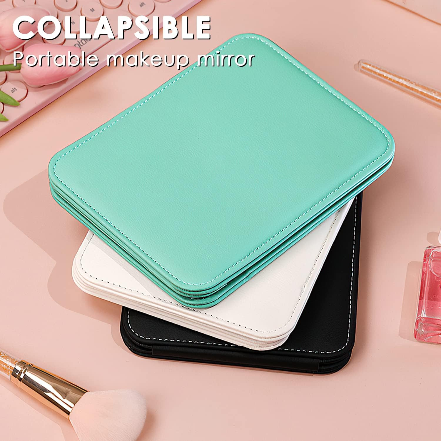 Portable Folding Makeup Mirror, PU Leather Cushioned Cover Vanity Mirror with Stand for Travel Outing Tabletop Personal (White) image number 6