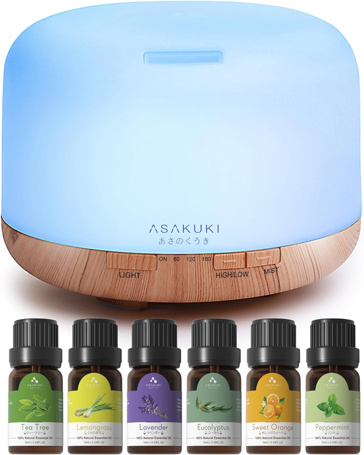 ASAKUKI Essential Oil Diffuser with Essential Oils Set, 500Ml Aromatherapy Diffuser - 14 LED Colors & Auto Shut-Off, Top 6 Essential Oils - Lavender Eucalyptus Tea Tree Orange Peppermint Lemongrass