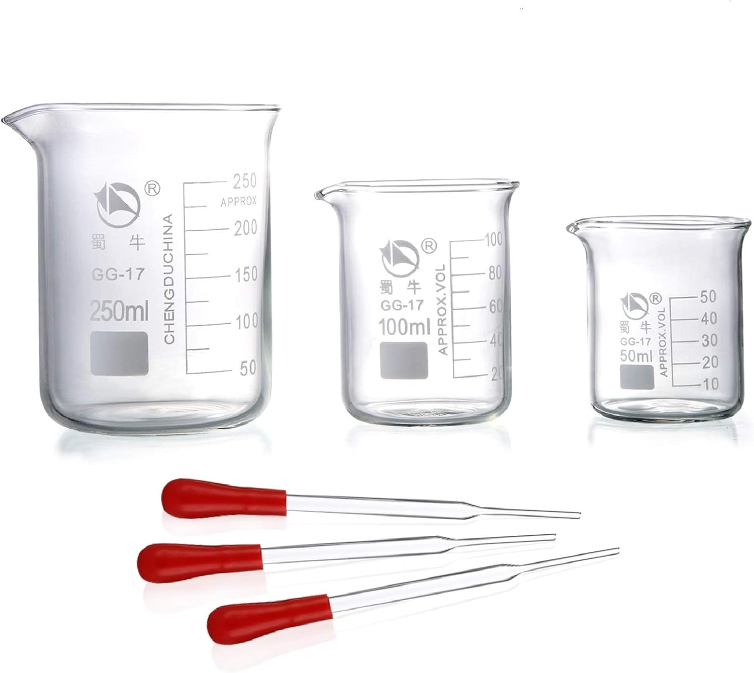 Young4Us Glass Beakers, Pack of 6 Low Form Glass Measuring & Glass Droppers Set, 3 Graduated Griffin Beakers in 3 Sizes with Scales, 250Ml, 100Ml, 50Ml, 3 Glass Droppers without Scales (3Ml per Drop) image number 1