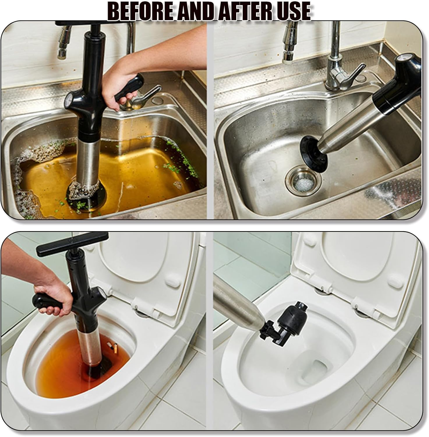 Wenbones Drain Cleaner Pump with Air Compression and Air Pressure Display, Compressed Air Pipe Cleaner with 4 Suction Cups, Toilet Plunger for Cleaning Pipes, Sinks, Bathrooms, Kitchens (Black)