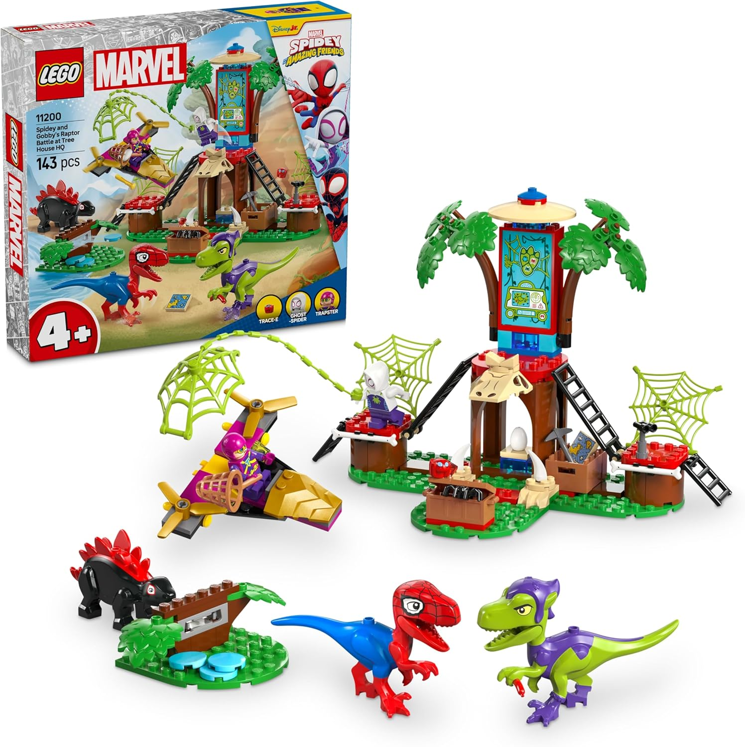LEGO Marvel Spidey and His Amazing Friends Spidey and Gobby&rsquo;S Raptor Battle at Tree House HQ Building Toy for 4+ Year Old Boys & Girls, Spiderman Set with 3 Minifigures and 3 Kids' Toy Dinosaurs 11200 image number 3