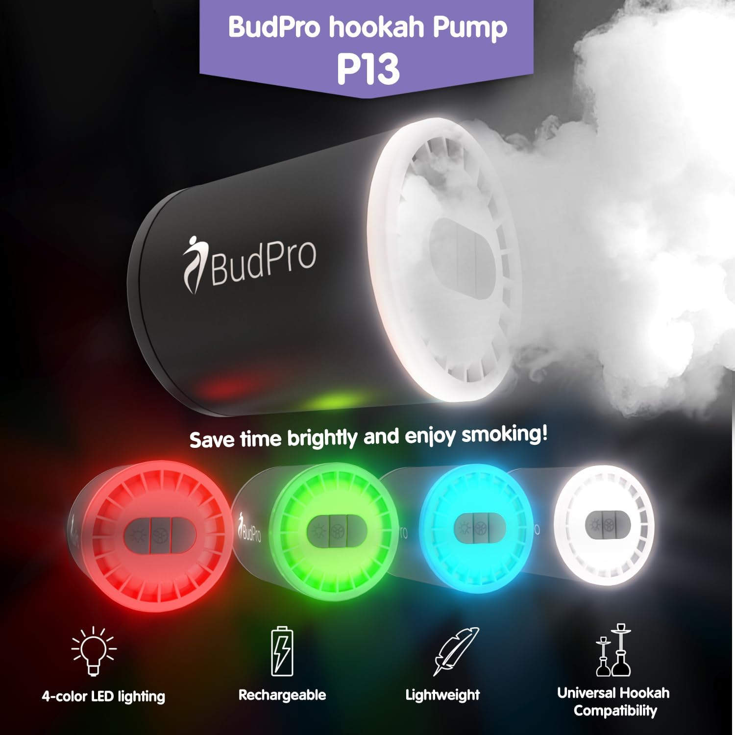 Budpro Hookah Pump Starter Electric Air Pump Kit Vacuum W Rechargeable Battery W Led Light - Portable Charcoal Mini Starter Hookah Set Dive Air Compressor image number 6