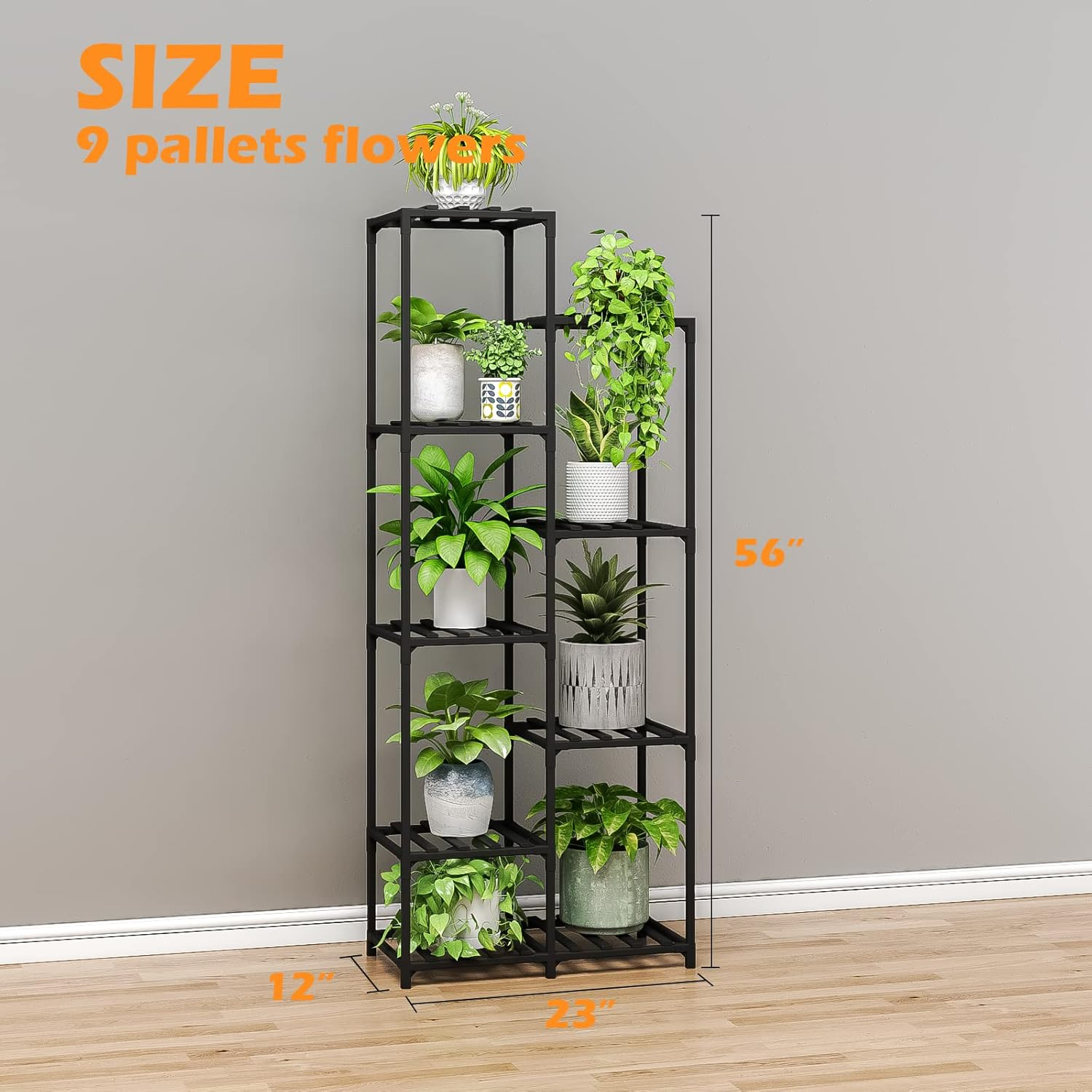 Bamworld Black Plant Stand Outdoor Tall Plant Shelf Indoor Corner Plant Shelf Flower Stands for Living Room Balcony and Garden (9 Pots Rectangle )