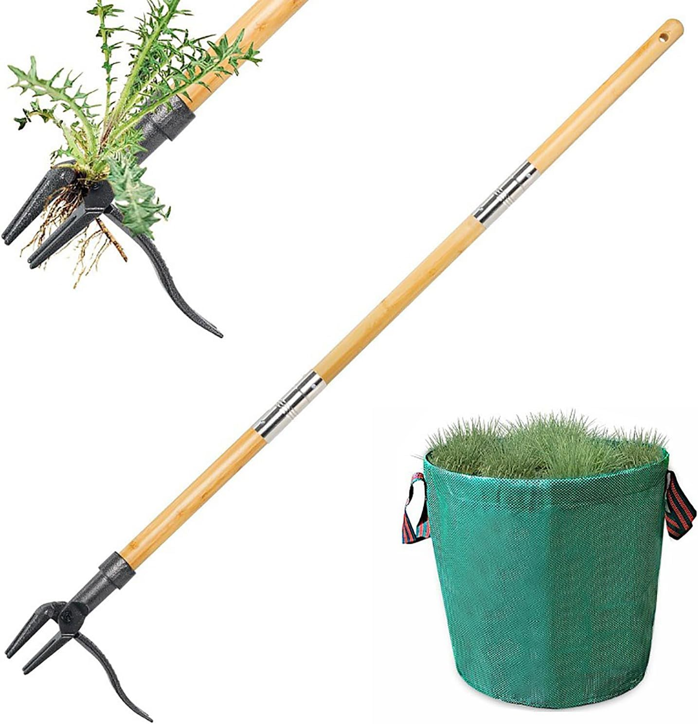 Weed Puller Tool Stand up Duty Weed Remover Tool with Long Handle Foot Platform Design-4 Claw Steel Head Weeder Tool Bamboo Garden Hand Weeding Tool Smoothly Remove Weeds without Kneeling image number 3