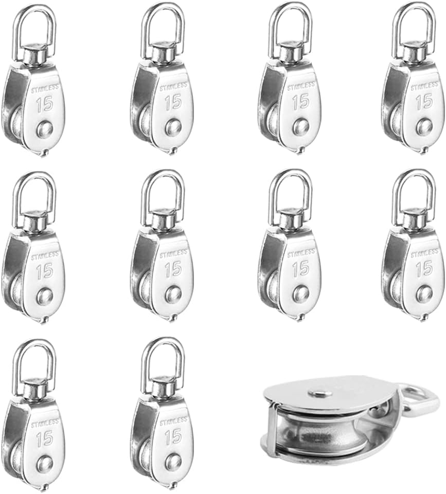 10 PCS M15 Single Pulley Blocks, Heavy Duty Roller Crane Pulley Accesseries Swiveling Wire for Lifting 250Kg/551Ibs 304 Stainless Steel(M15) image number 4