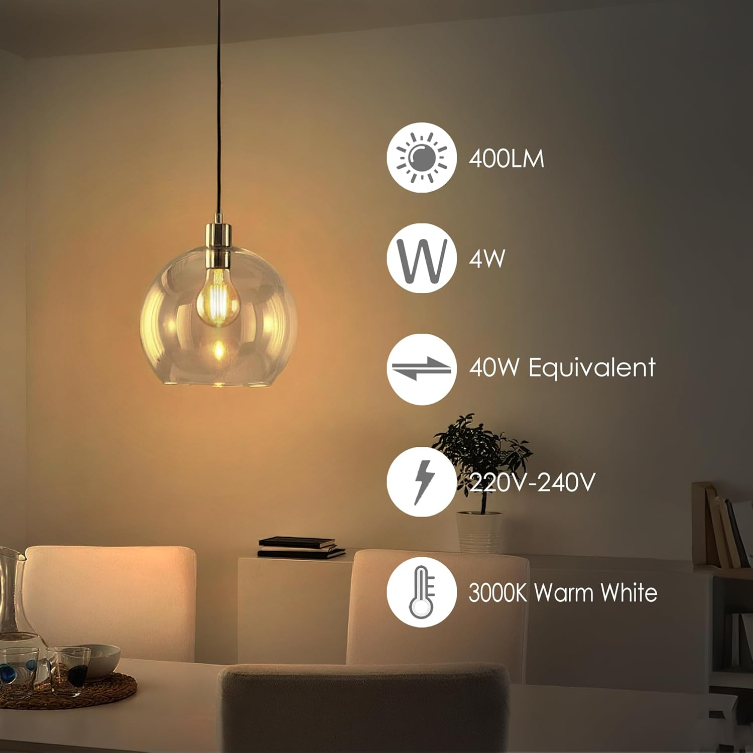 FTL E27 Vintage LED Bulbs,4W 40W Equivalent E27 Edison Screw Light Bulb 3000K Warm White,Non-Dimmable,400Lm A60 LED Filament Clear Glass Globe Light Bulb,Pack of 6 image number 1