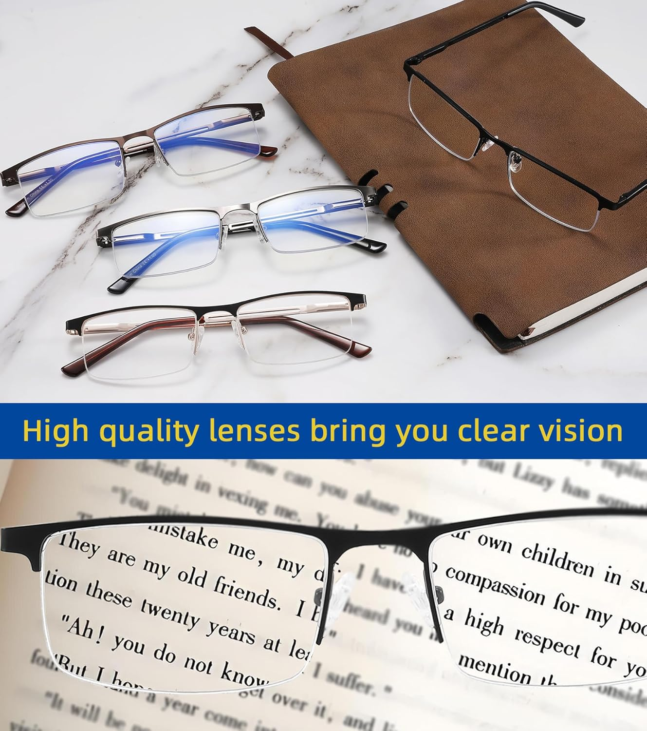 Dilly Vision 4 Pack Blue Light Reading Glasses for Men,Lightweight Metal Rectangle Semi Rimless Readers for Men image number 1