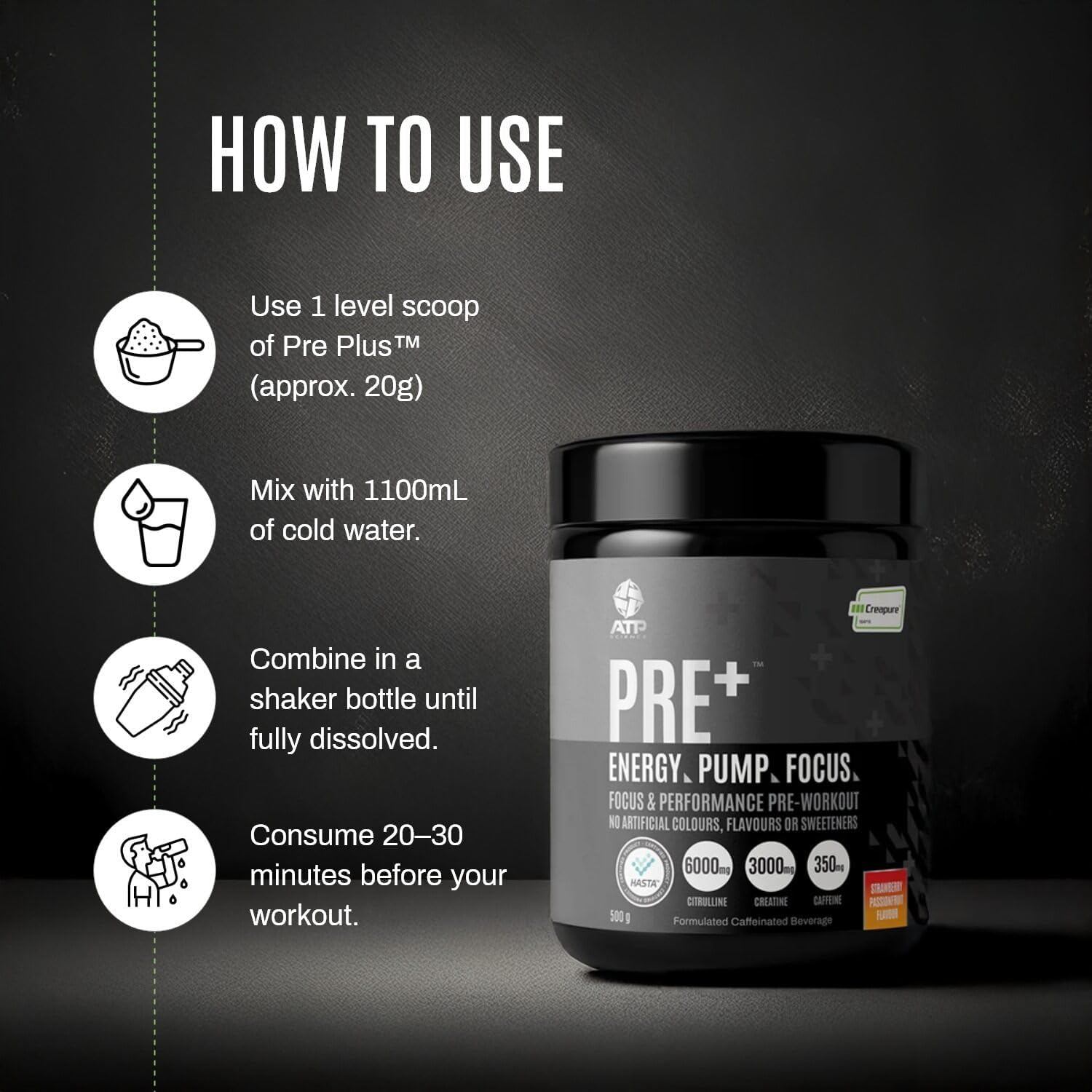 ATP Science Pre plus Preworkout Powder, Infused with Creapure Creatine Monohydrate, Caffeine Anhydrous, L-Citrulline Malate, No Artificial Colours and Flavours, Flavour - Strawberry Passionfruit, 500G image number 4