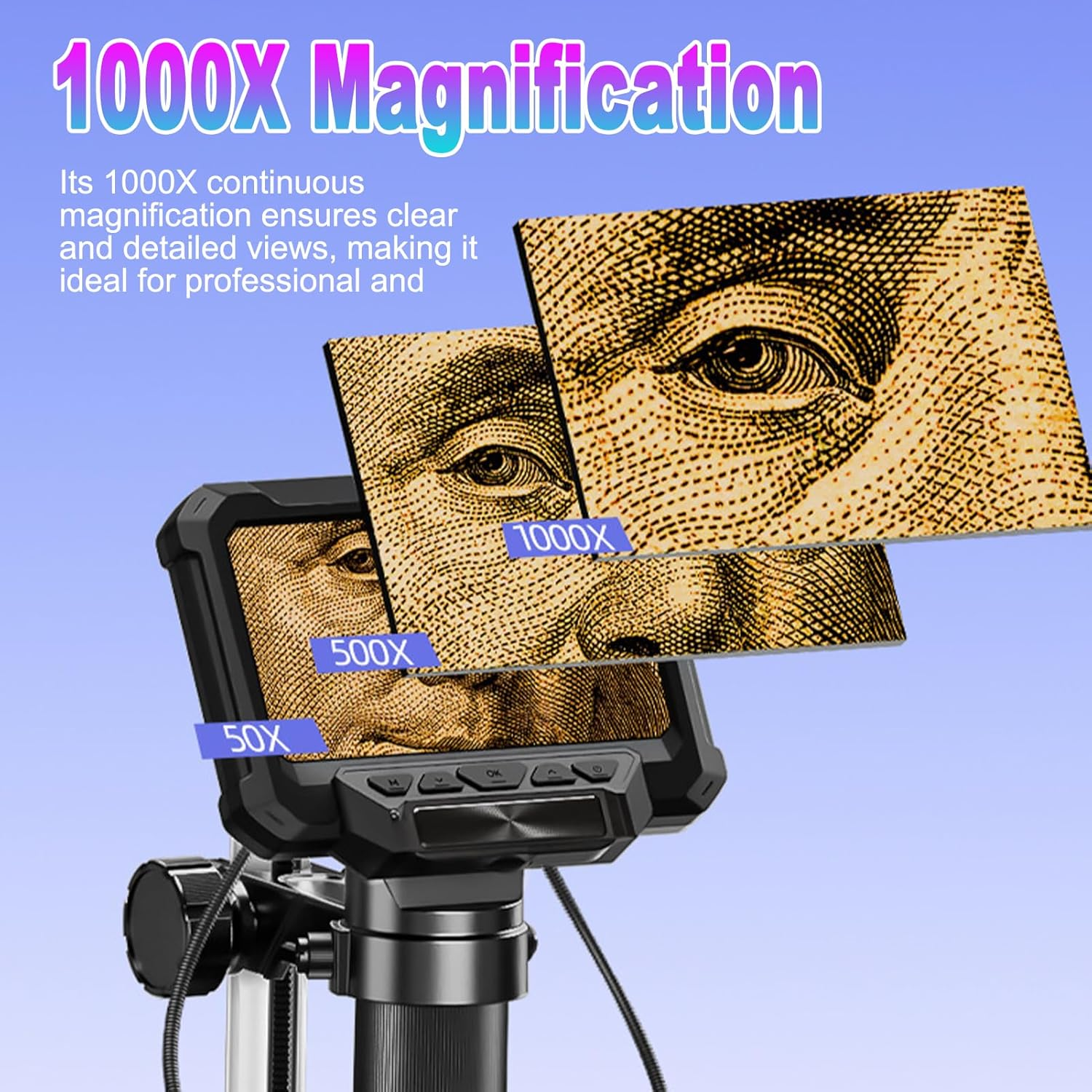 Jectse 4.3 Inch Digital Microscope, 1000X Magnification 1080P HD Screen with 10MP Camera, 8 LED Lights for Stamp Jewelry Inspection Soldering PCB Repair image number 1