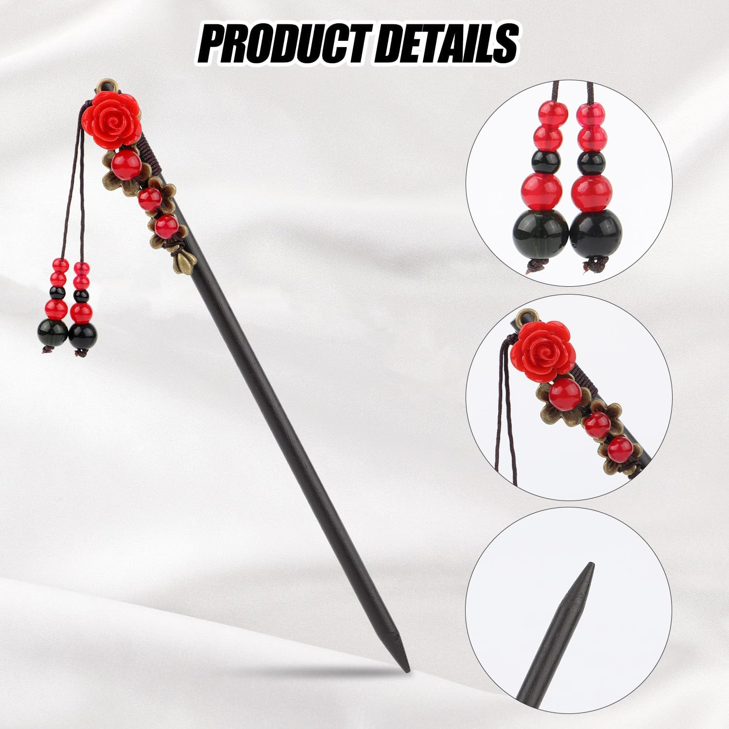 2Pcs Chinese Hair Sticks, Retro Vintage Chinese Hair Pins Rose Flower Hair Chopsticks Asian Japanese Handmade Wooden Hairpin Traditional Hanfu Pin Classic Hair Holder Accessories for Women Long Hair image number 6