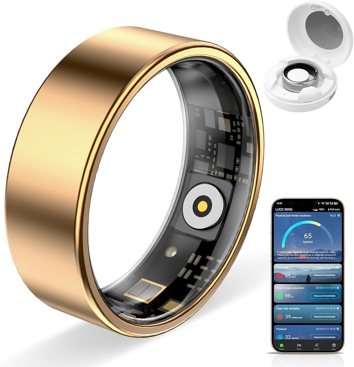Smart Ring Health Management, Magnetic Charging Case, Compatible with Android/Iphone, 3 Sports Modes, 7 Data Measurement Functions, ATM10 Waterproof 2.0 (Gold 2.0, 9)