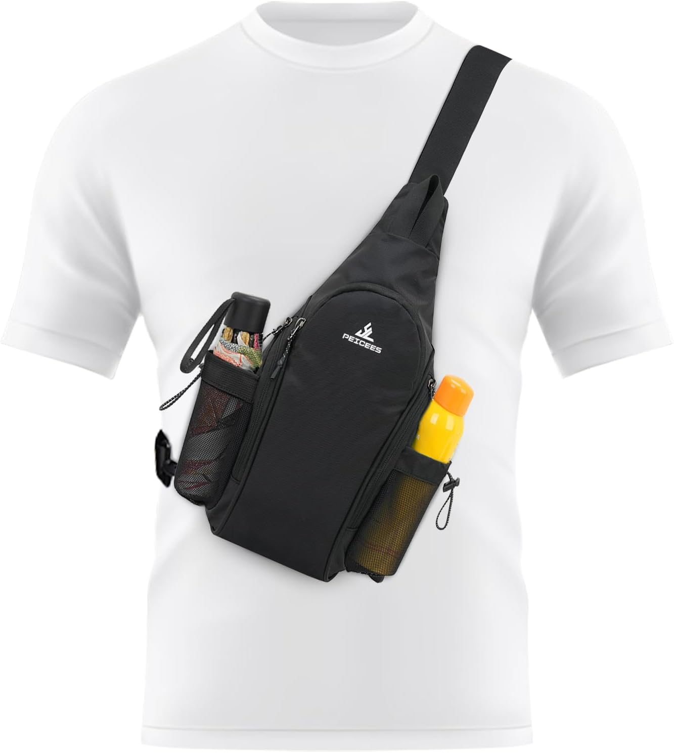 Peicees Small Sling Bag with 2 Bottle Holders, Sling Backpack Crossbody Bag Chest Daypack for Daily Use, Bottle Not Included