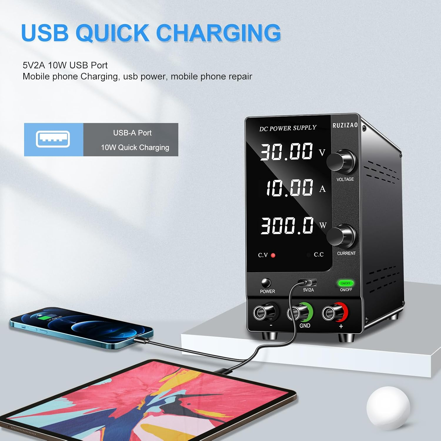 RUZIZAO DC Power Supply Variable, 30V 10A Adjustable Switching Regulated with Encoder Adjustments Knob, Lab Bench Output Button 5V/2A USB Interface Battery Charger (AC 240V)