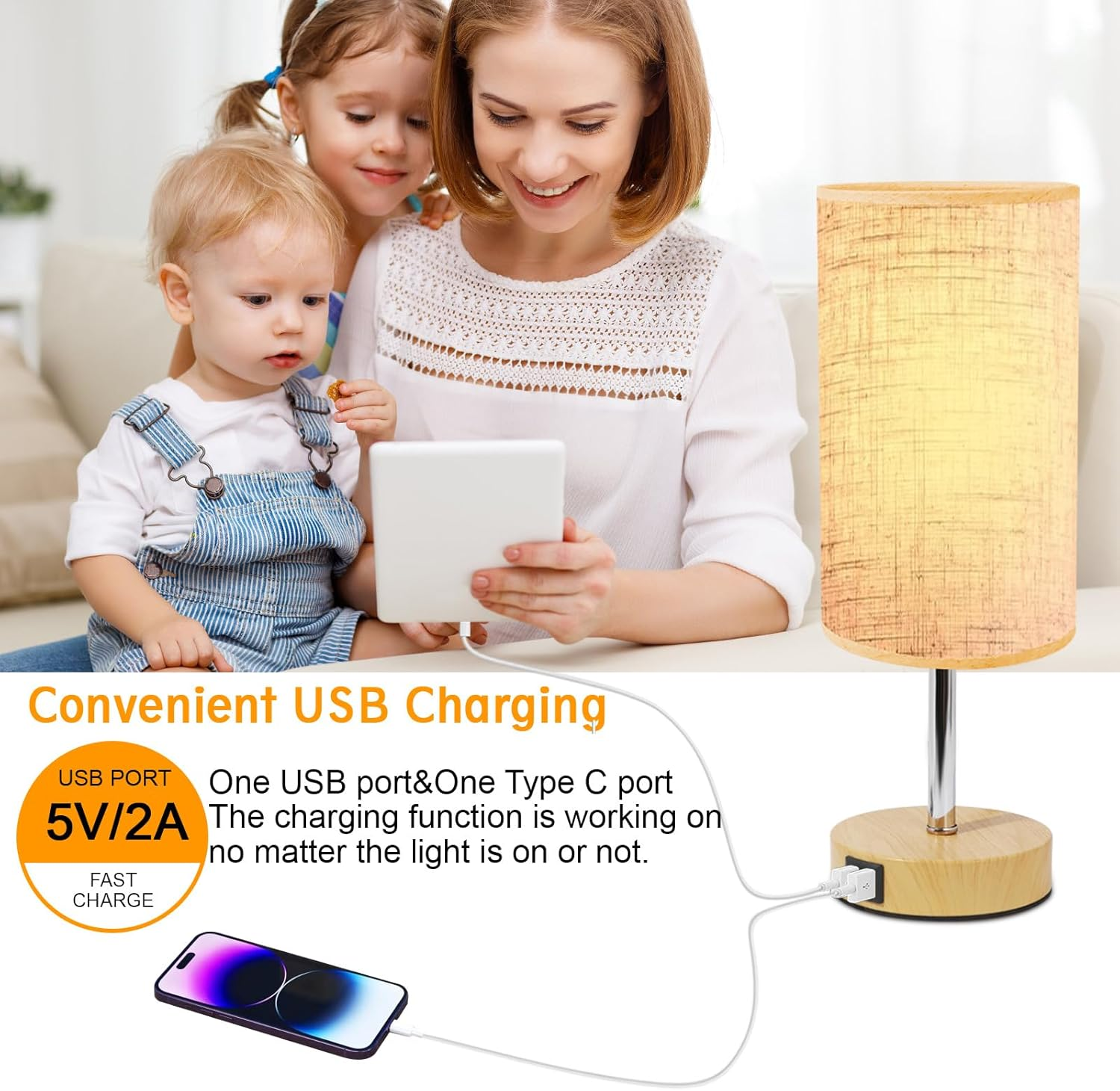 Bedside Table Lamp for Bedroom 3 Way Dimmable Touch Desk Lamp USB Charging Ports Small Lamp Wood Base round Flaxen Fabric Shade for Living Room, Desk, LED Bulb Included image number 1
