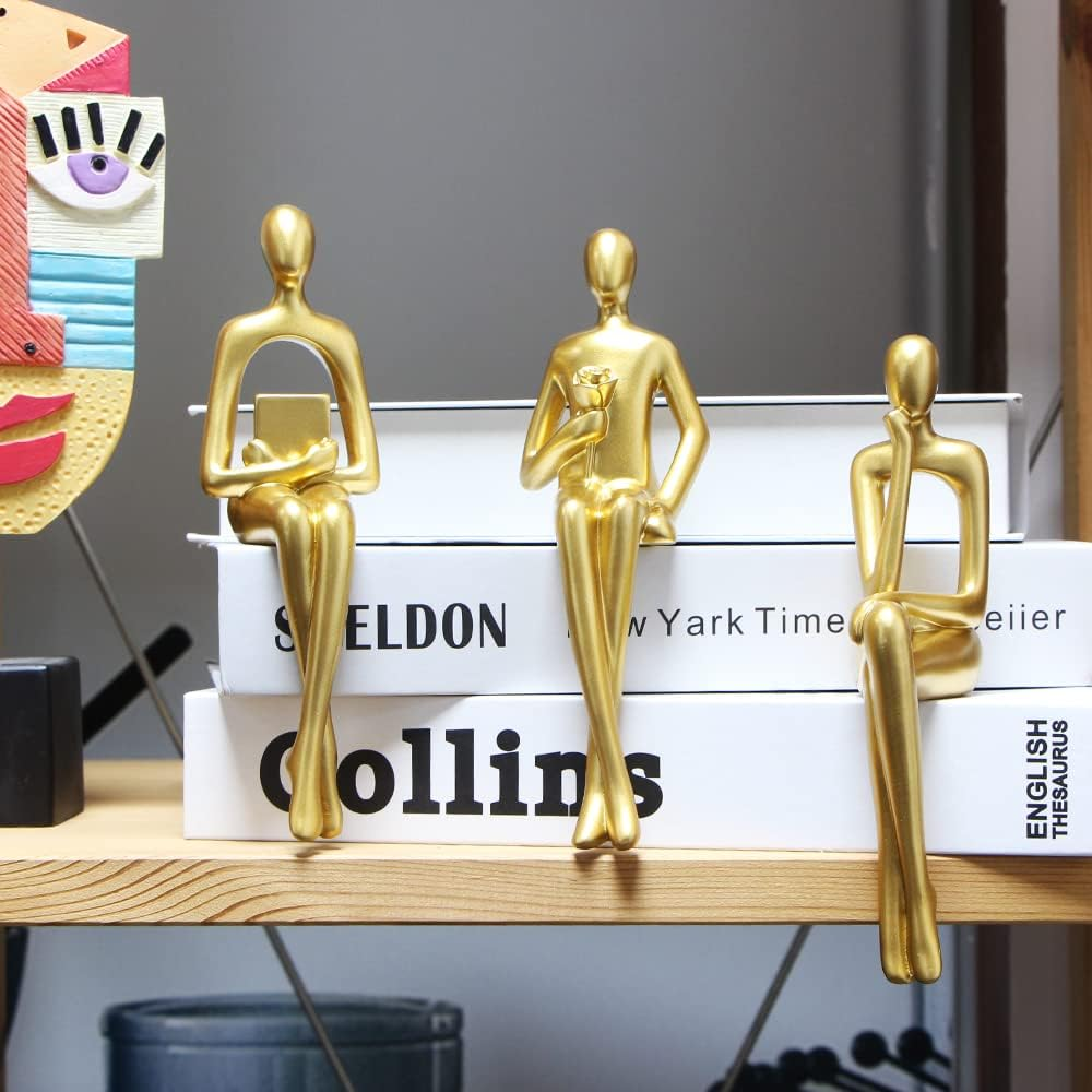 Kilarero 3Pcs Gold Decor Sitting Thinker Statue Abstract Sculpture, Bookshelf Decor Accents Resin Collectible Figurines for Home Office Living Room Table Desktop Decor(Gold) image number 3