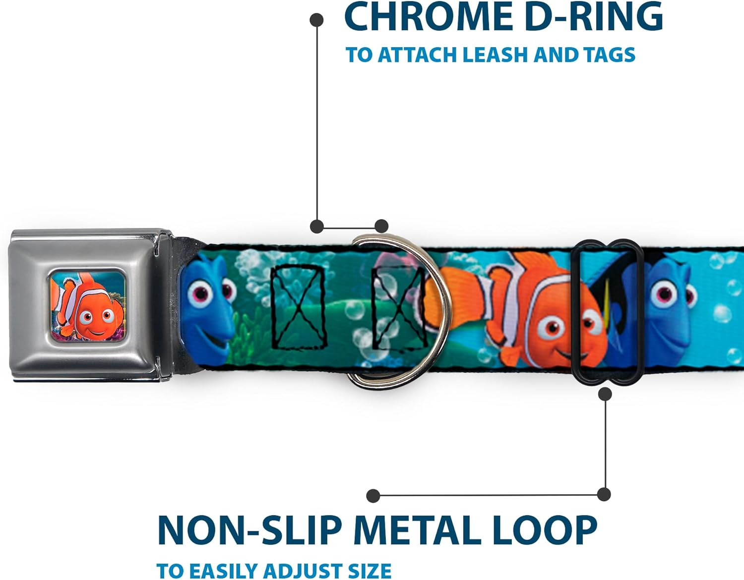 Dog Collar Seatbelt Buckle Nemo Dory Poses 18 to 32 Inches 1.5 Inch Wide image number 2