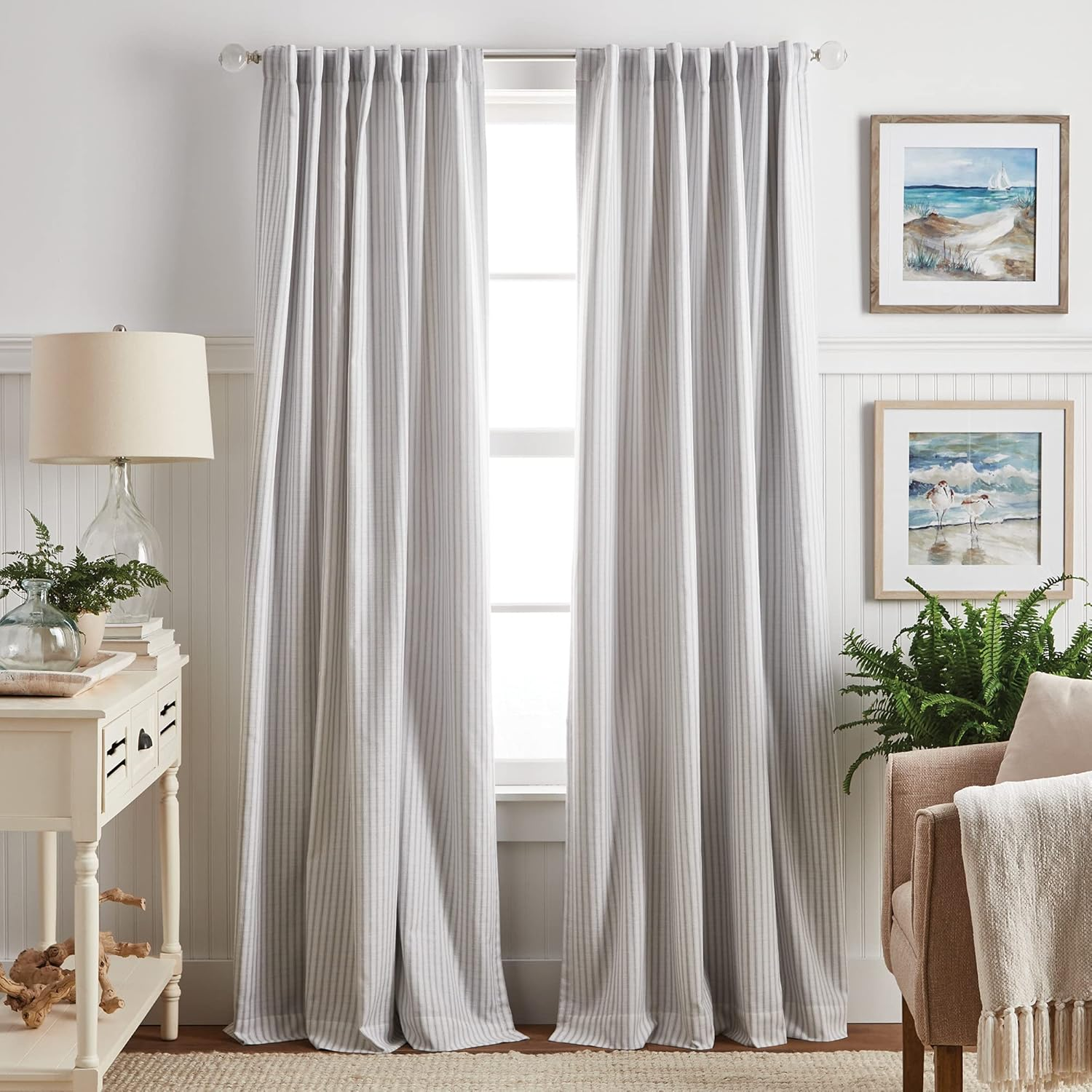 MARTHA STEWART Ticking Stripe Blackout Lining Rod Pocket/Back Tab Window Curtain Panel Pair, 84", White/Indigo
