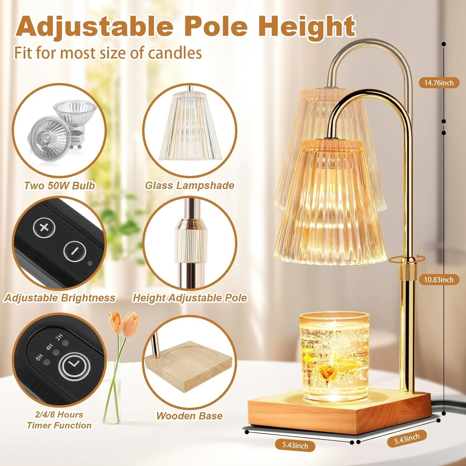 Qinghong Candle Warmer Lamp - Electric Candle Lamp Warmer with Timer & Dimmer Adjustable Height Candle Lamp for Jar Candles with 2 Bulbs Wax Melter Warmer Lamps for Home Decor Gift image number 4