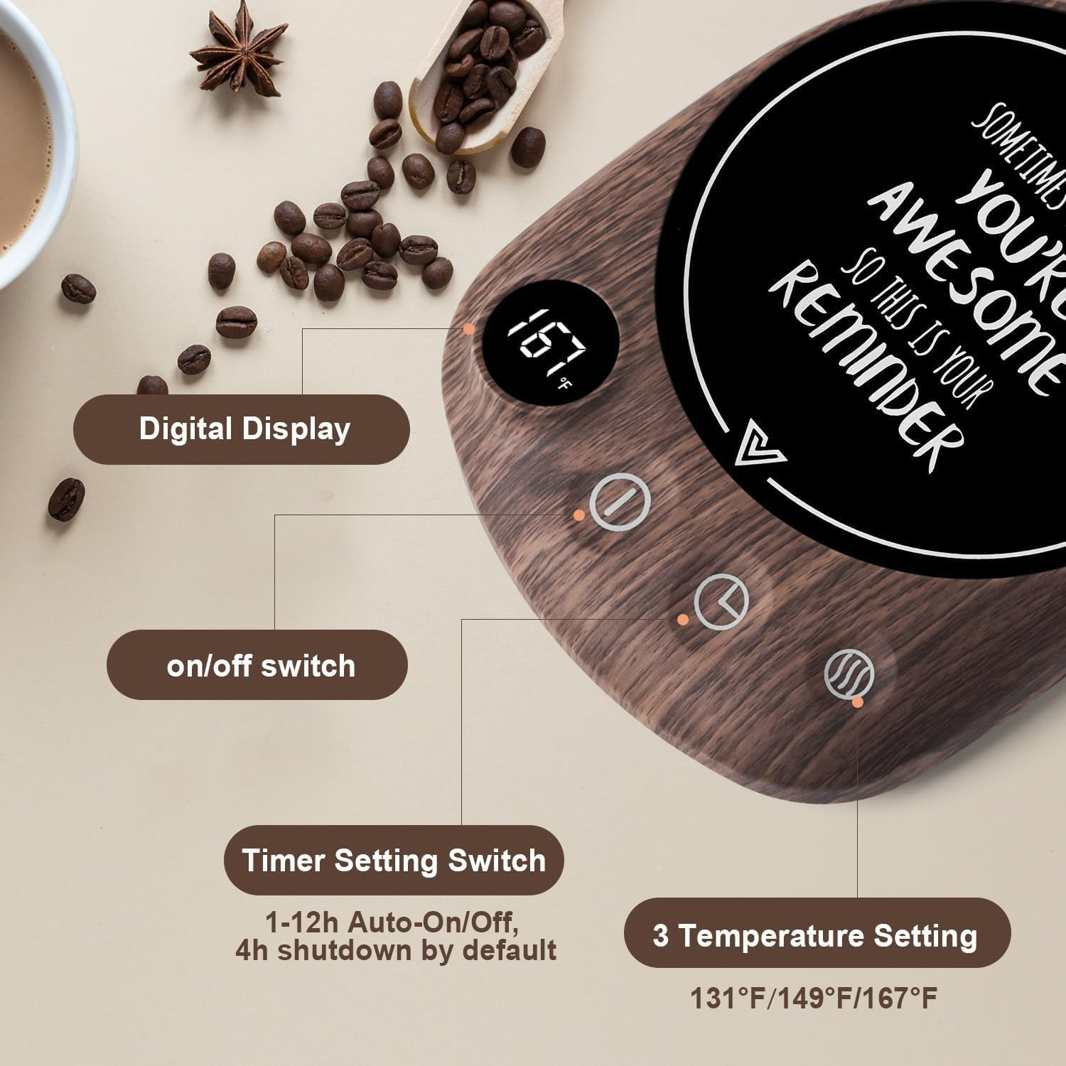 Coffee Warmer Black Coffee Mug Warmer & Cup Warmer for Office Desk Use, Electric Beverage Warmer with Three Temperature Settings, Coffee Warmer for Cocoa Tea Water Milk with Auto Shut off (NO Cup) image number 3