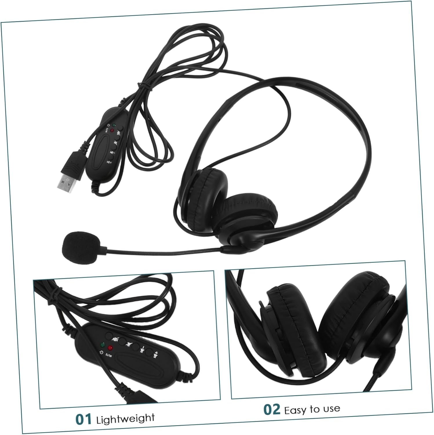 COMPUKAS Wired Noise Reduction Headset Microphone, Comfortable Over-Ear USB Headphones for Office, Online Classes, and Business Calls, Black image number 5
