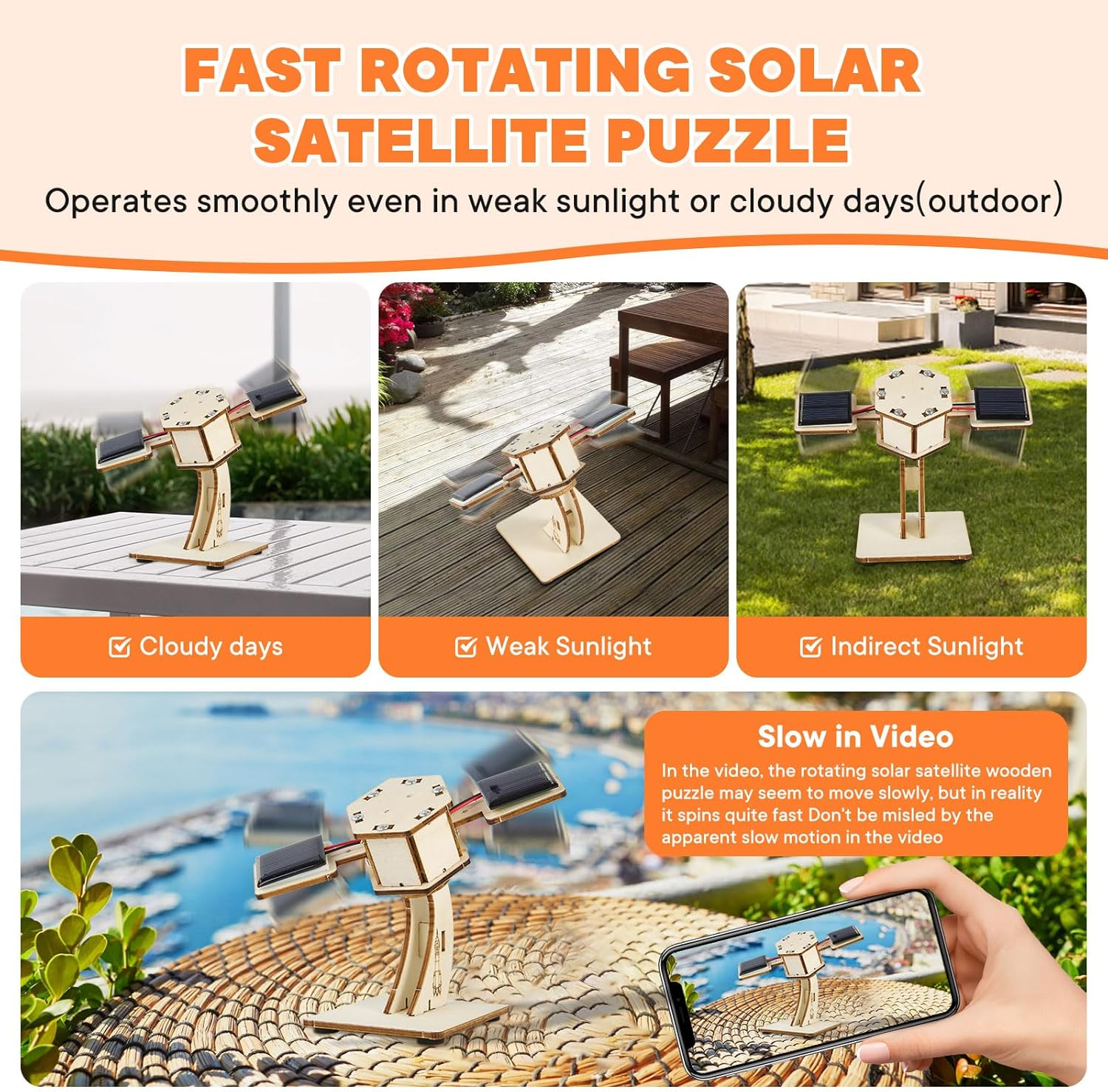 Solar Powered Wooden Puzzles,Rotating Satellite,Diy Assembly 3D Construction Toy,Stem Educational Science Craft Model Kit,Craft for Kids,Handmade Wood House for Children Ages 8-12 image number 5