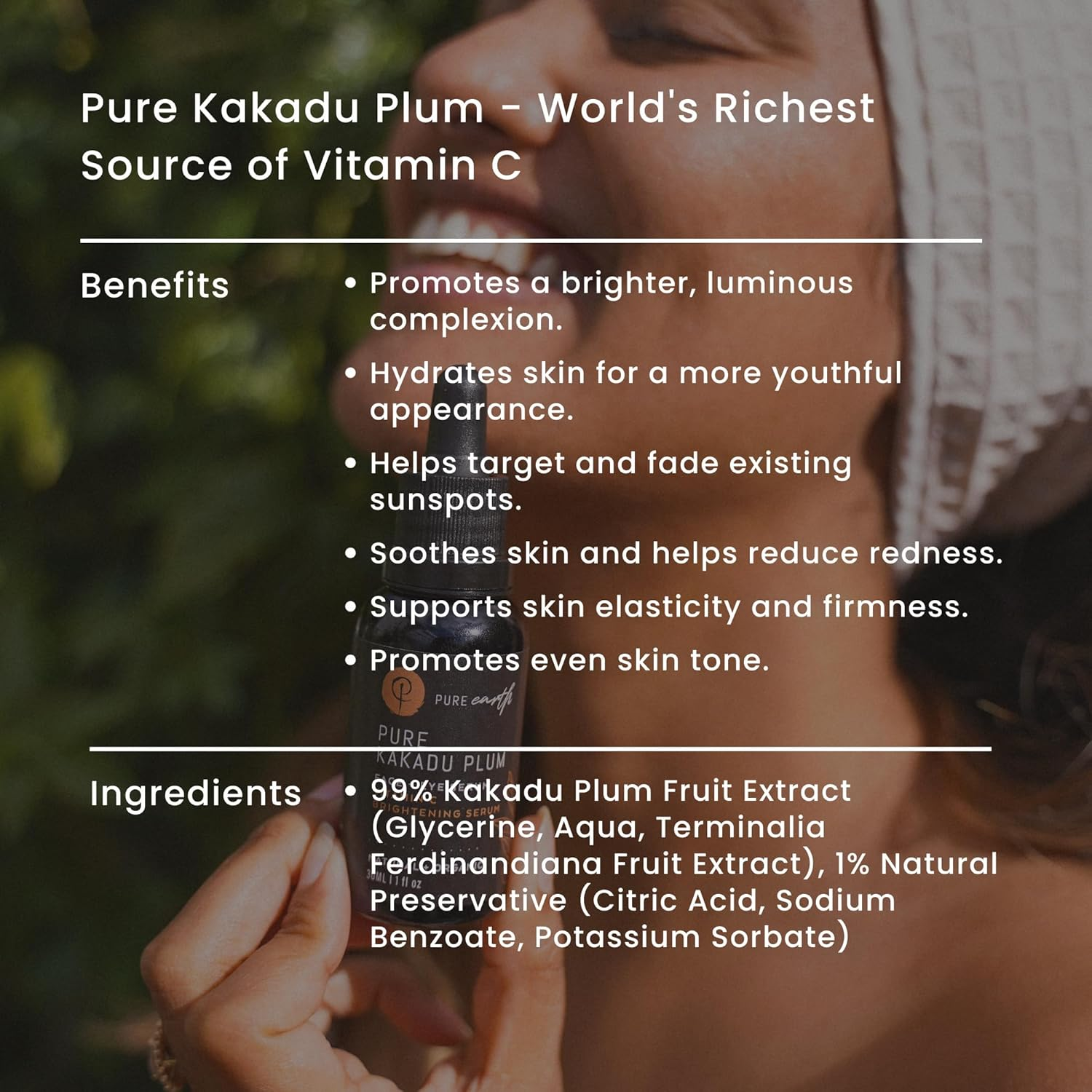 Pure Earth Kakadu Plum Vitamin C Serum for Face &ndash; Natural Skin-Brightening & Anti-Aging Serum with the World'S Richest Source of Vitamin C, Australian Made, Targets Dark Spots, Fine Lines, Wrinkles, & Uneven Tone; 30Ml image number 1