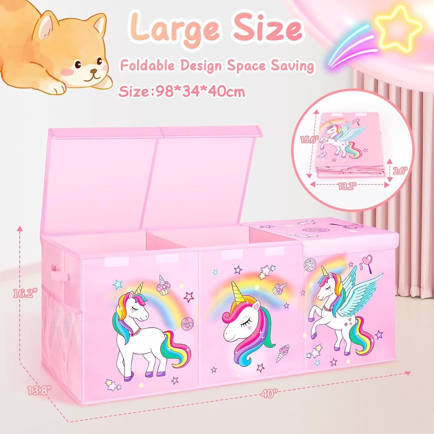 Large Toy Box Chest Storage with Lid - Collapsible Kids Toys Boxes Organizer Bins Baskets Container with Handles for Boys, Girls, Nursery, Playroom, Clothes, Blanket, Bedroom,Pink image number 5