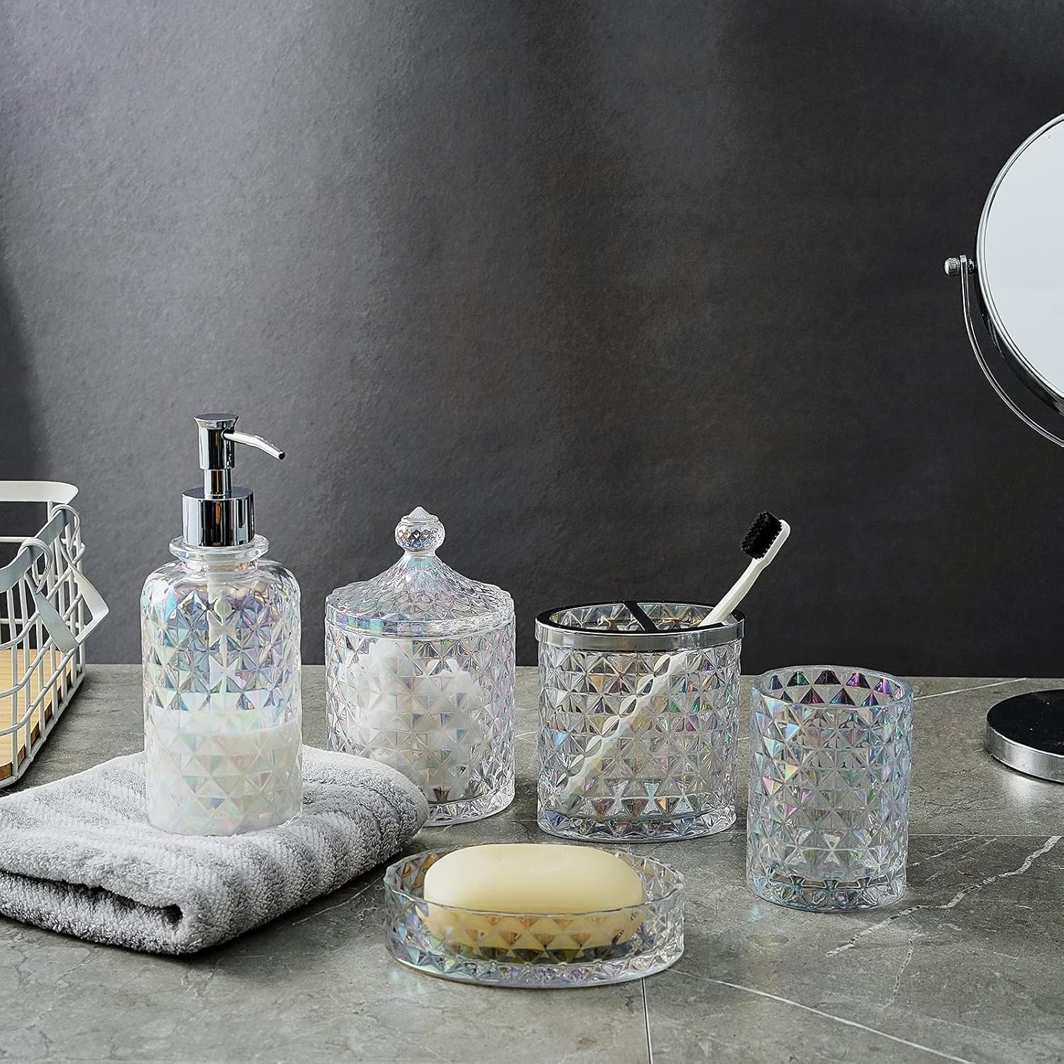 Set of 5 Glass Bathroom Accessories Set Include Soap Dispenser & Tumbler & Soap Dish & Toothbrush Holder & Apothecary Jar(Luxurious Crystal Sparkling Colored) image number 3