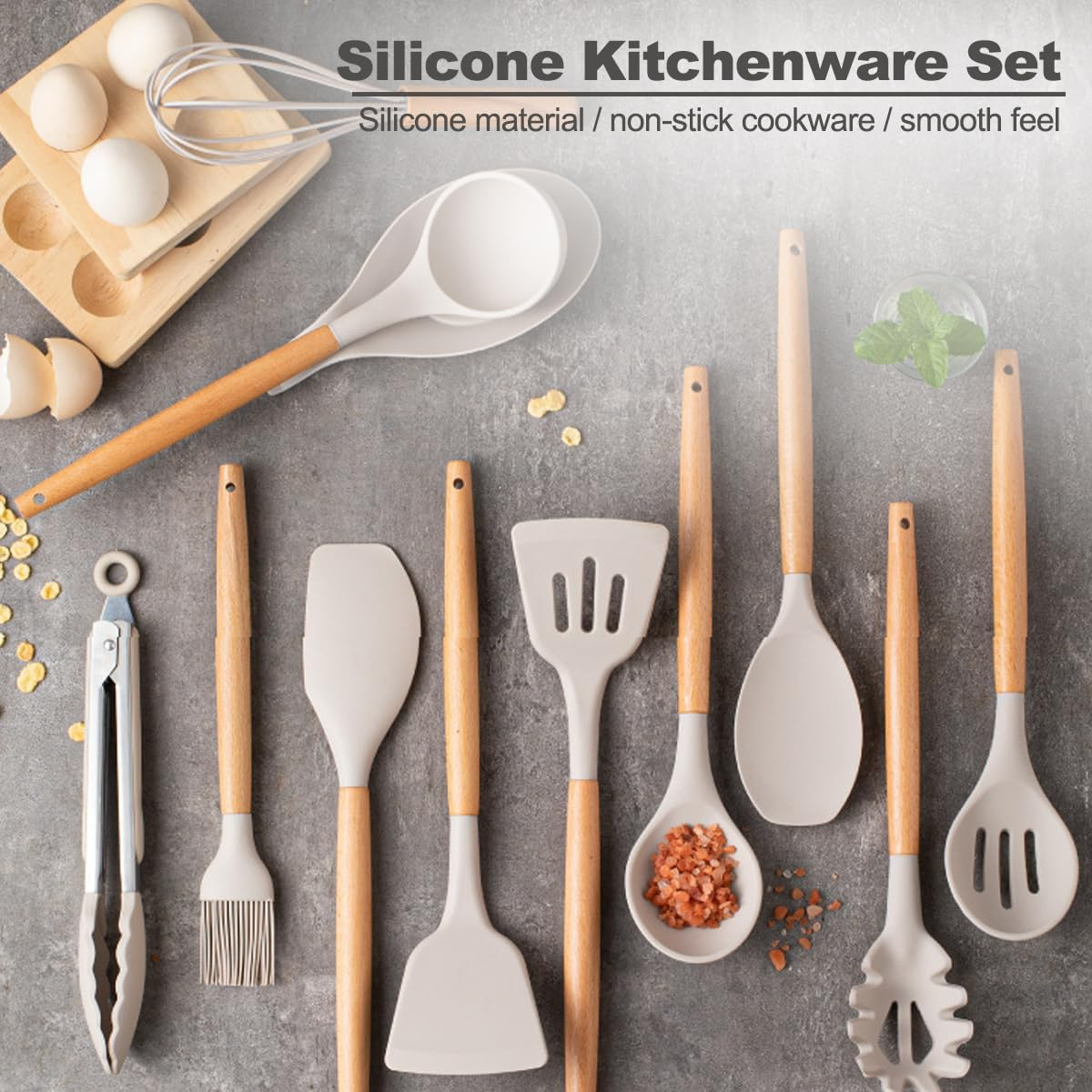 Kitchen Utensil Set（33- Piece）,446&deg;F Heat Resistant, Non-Stick Cookware,Multi Functional Silicone Cooking Utensils Set with Wooden Handles for Cooking, Baking（Khaki） image number 6