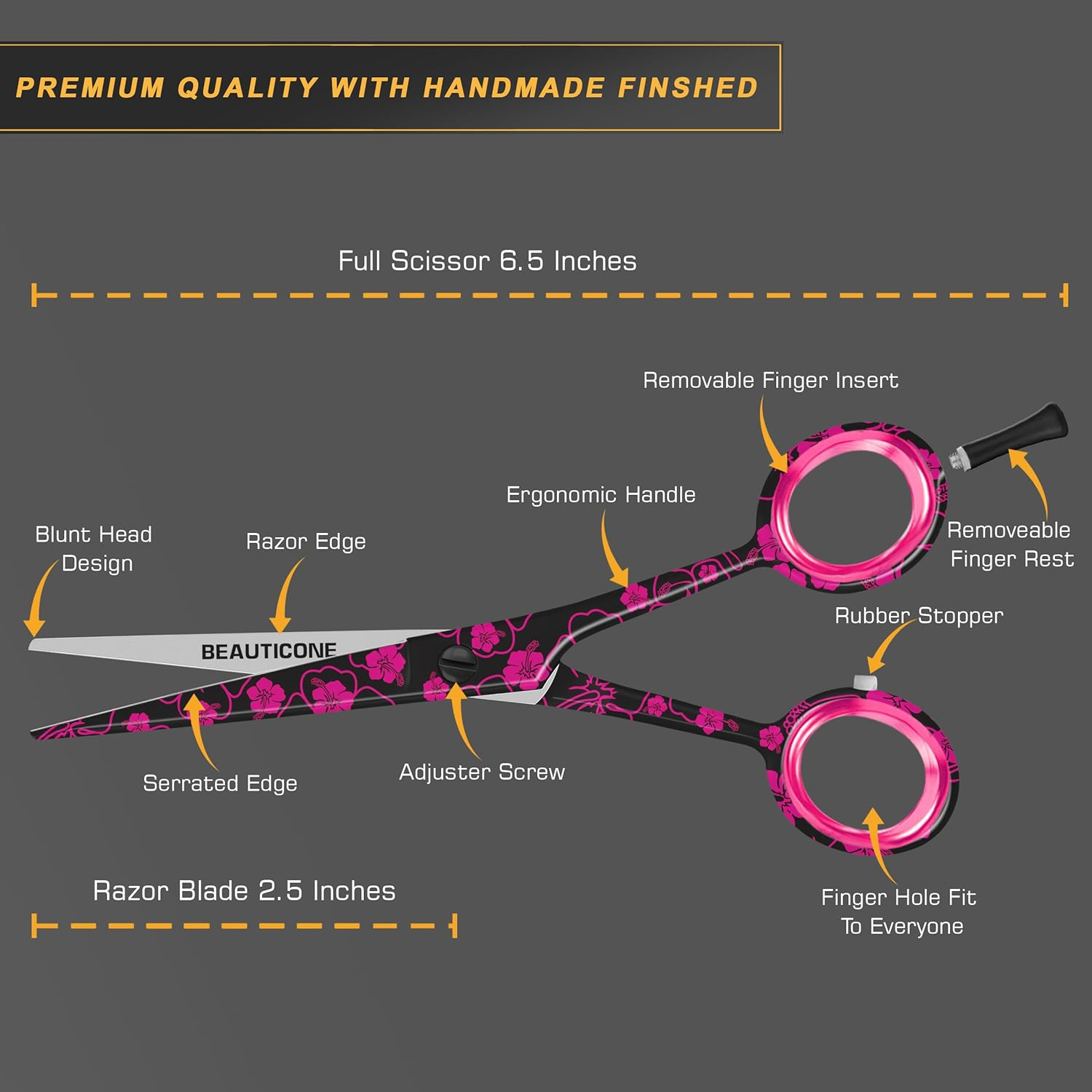 BEAUTICONE &reg; Hair Cutting Scissors - High Carbon SS 6.5" Professional Barber-Grade Salon Shears with Serrated & Razor Edge - Black Premium Gift Box with Leather Pouch & Extra Accs - Ultra Lightweight image number 2