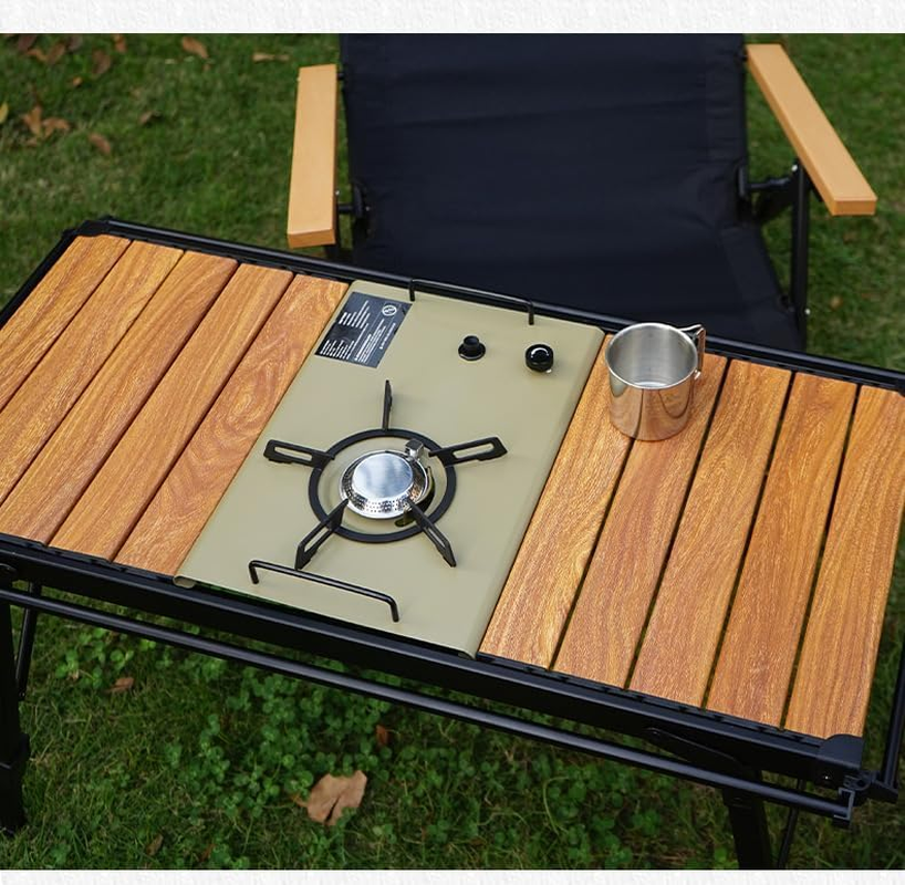 Portable Camping Table with Rolled Top Aluminum Design, Height Adjustable, 89 X 45 X 43, Wood Grain Effect, Stove Not Included image number 4