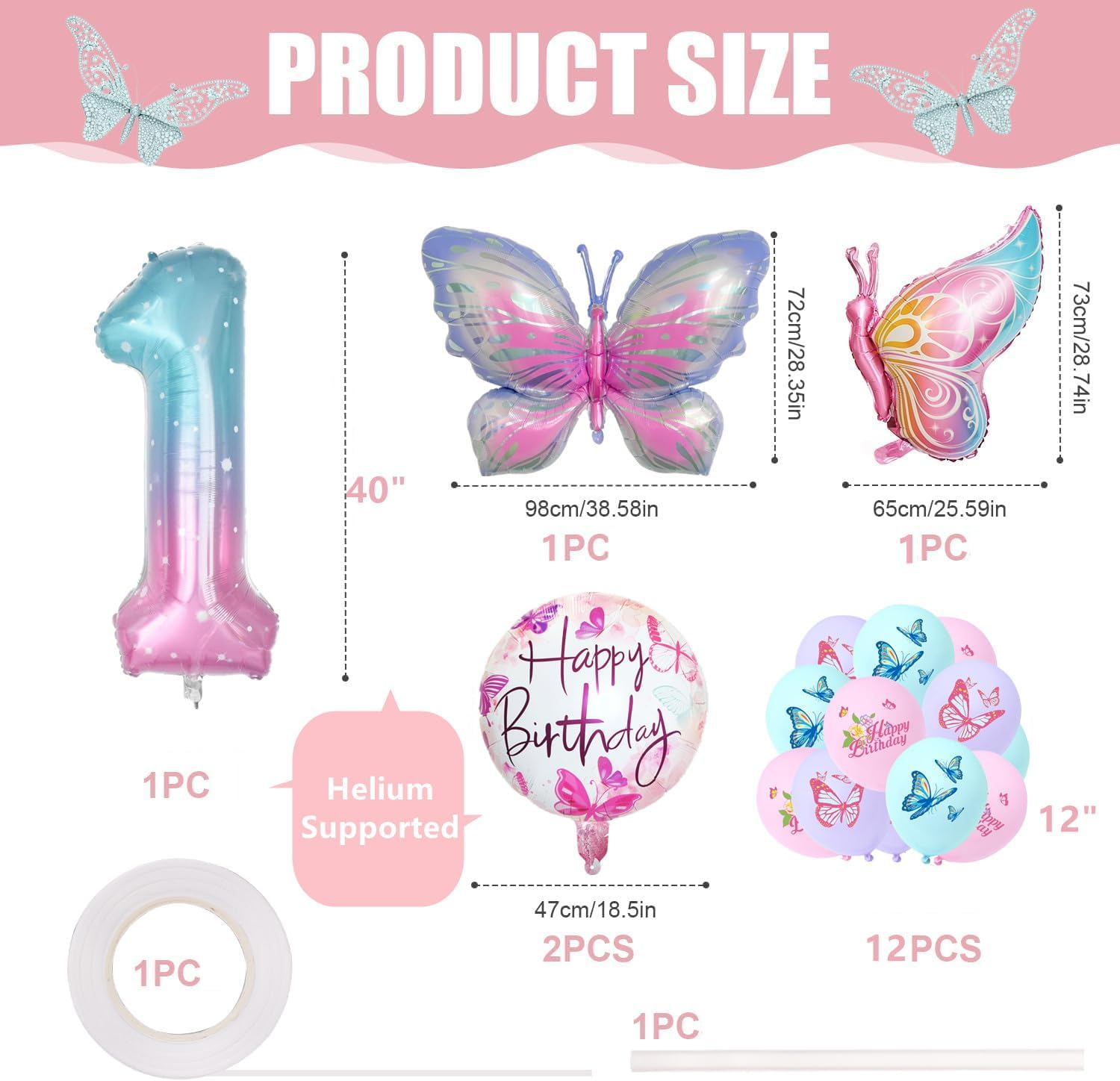 Butterfly Balloon 1St Birthday Decorations, Butterfly Balloons Colorful Gradient Pink Butterfly Foil Mylar Balloon for Fairy 1St Birthday Party Decorations Girl Party Supplies Baby Shower (1) image number 1