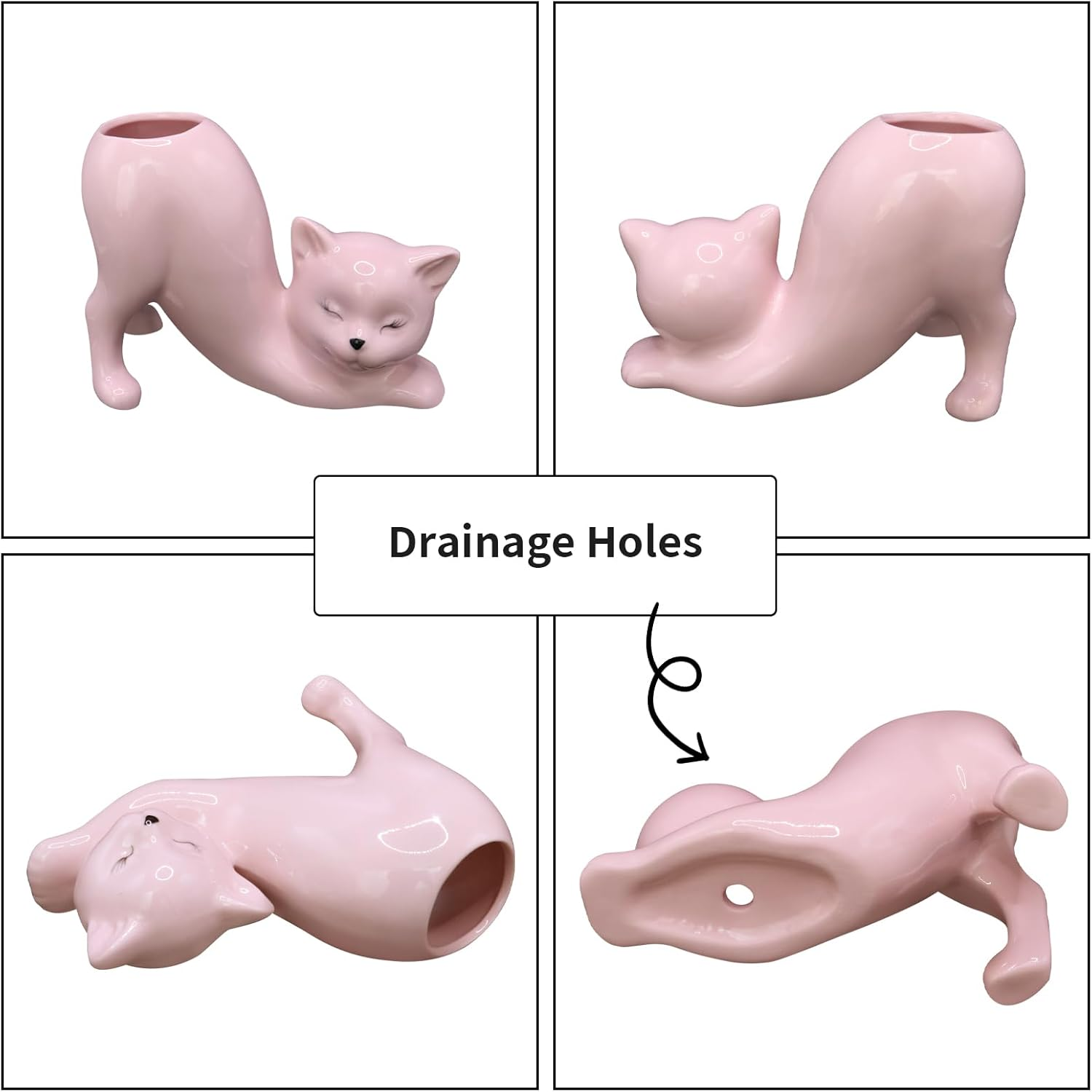 Tailless Cat Planter Pot, Unique Little Kitty Cactus Indoor Flower Pot, Ceramic Cute Animal Succulent Plant Pot, Novelty Flowerpot Ideal Gifts, Lovely Office Desk Room Home Decor (Pink) - Pink image number 4