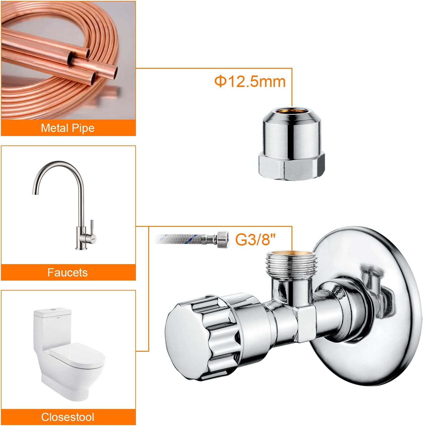 Ibergrif M22022-2 Angled Water Isolating Valves, Self-Sealing, 1/2" Wall Connection, 3/8 Inch Outlet, Wall Mounted, 2Pcs/Set, Chrome image number 4