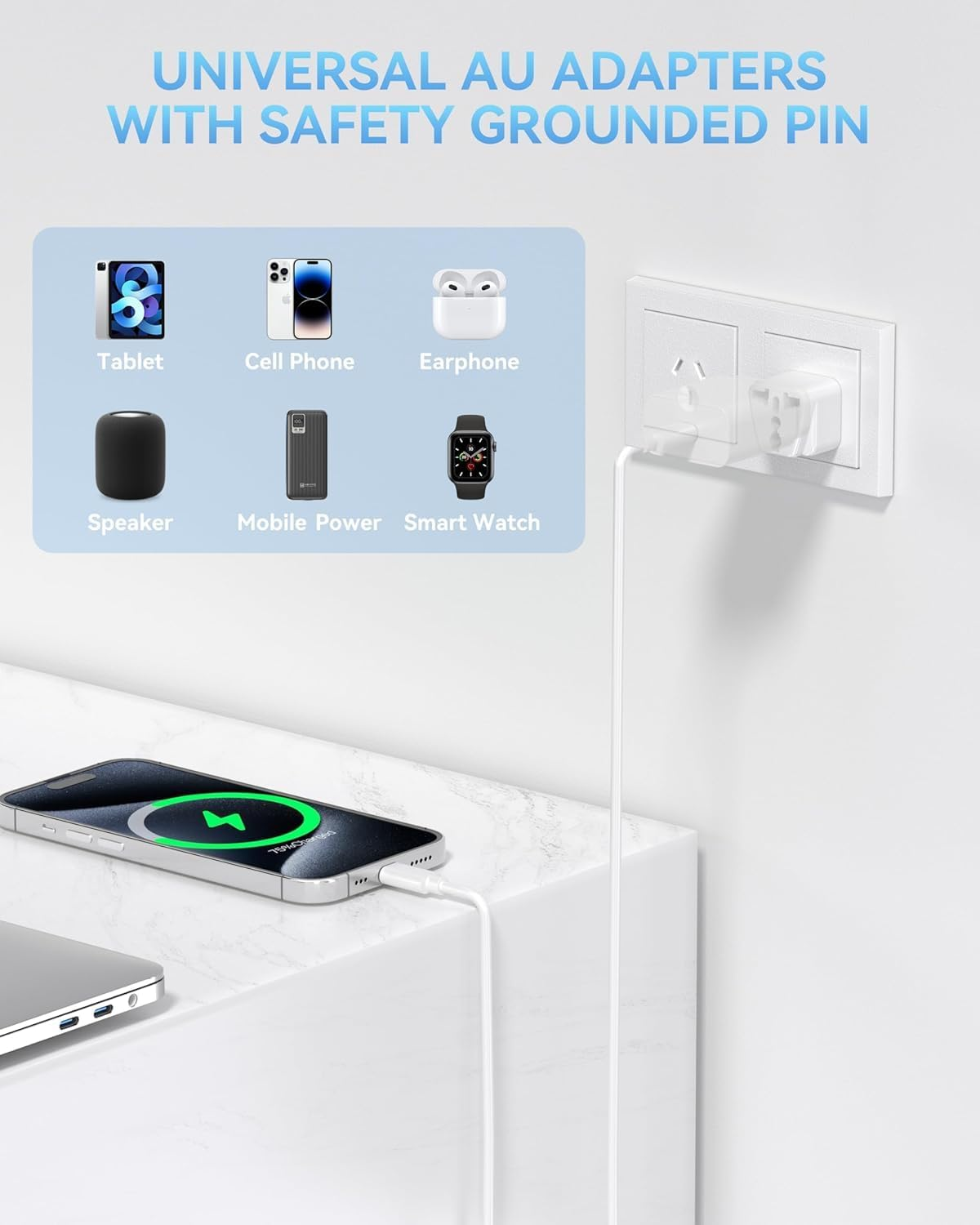 Universal Travel Adapter (4-Pack) - Japan/Us to Australian Power Adapters, Uk/Eu/India to AU Power Plug Adapter, 3 Pin Travel Adaptor Multiplug with Safety Grounded Pin, White image number 4