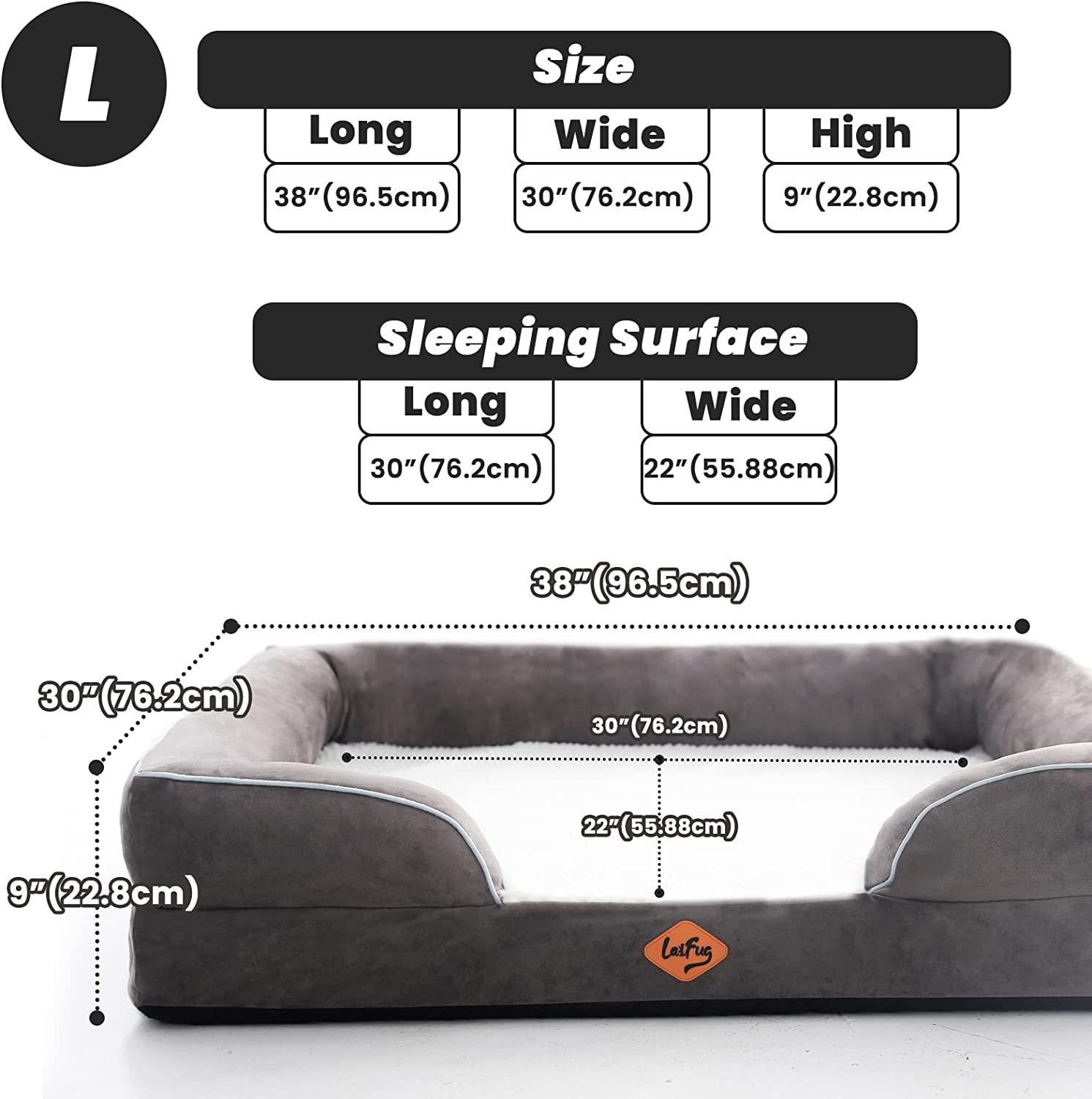 Laifug Large Orthopedic Premium Memory Foam Dog Bed, with Washable and Removable Suede Cover, Waterproof Liner and Non-Slip Bottom Protect the Dog Bed, Grey, Large(97''X76''X23''