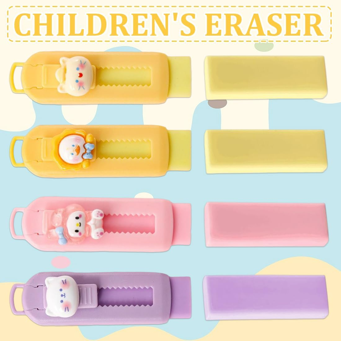 Set of 4 Erasers, Erasers for Kids, Push-Pull Pencil Erasers for Writing, Drawing, Office School Supplies image number 4