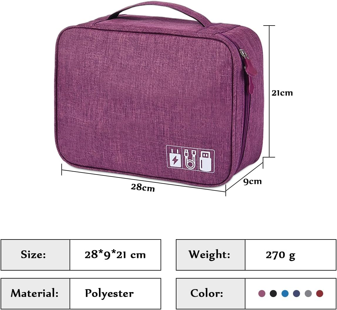 FORRICA Cable Bag Cable Organiser Bag Travel Case Electronic Accessories Bag 2 Layers Multiple Pockets for Mobile Phone Charging Power Bank USB Sticks SD Cards Purple image number 2